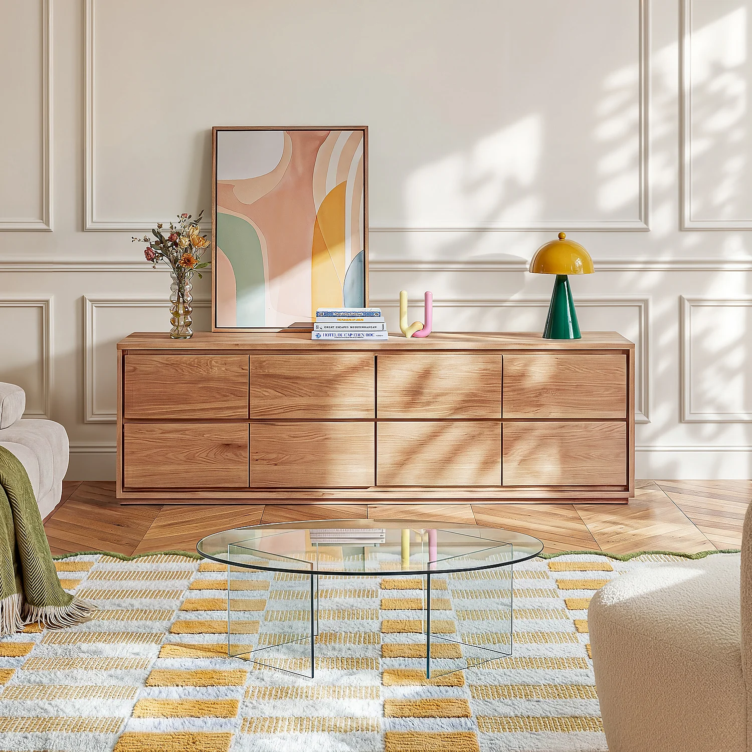 Mobile TV in rovere massello con 4 cassetti - Naturale - 1