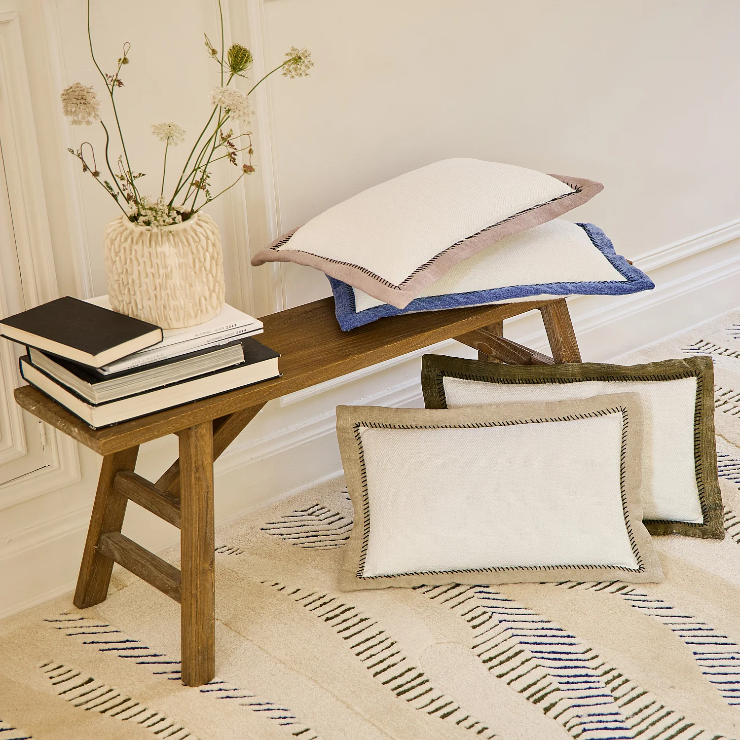 Coussin en coton - 30 x 50 cm - Ecru et bleu - 3