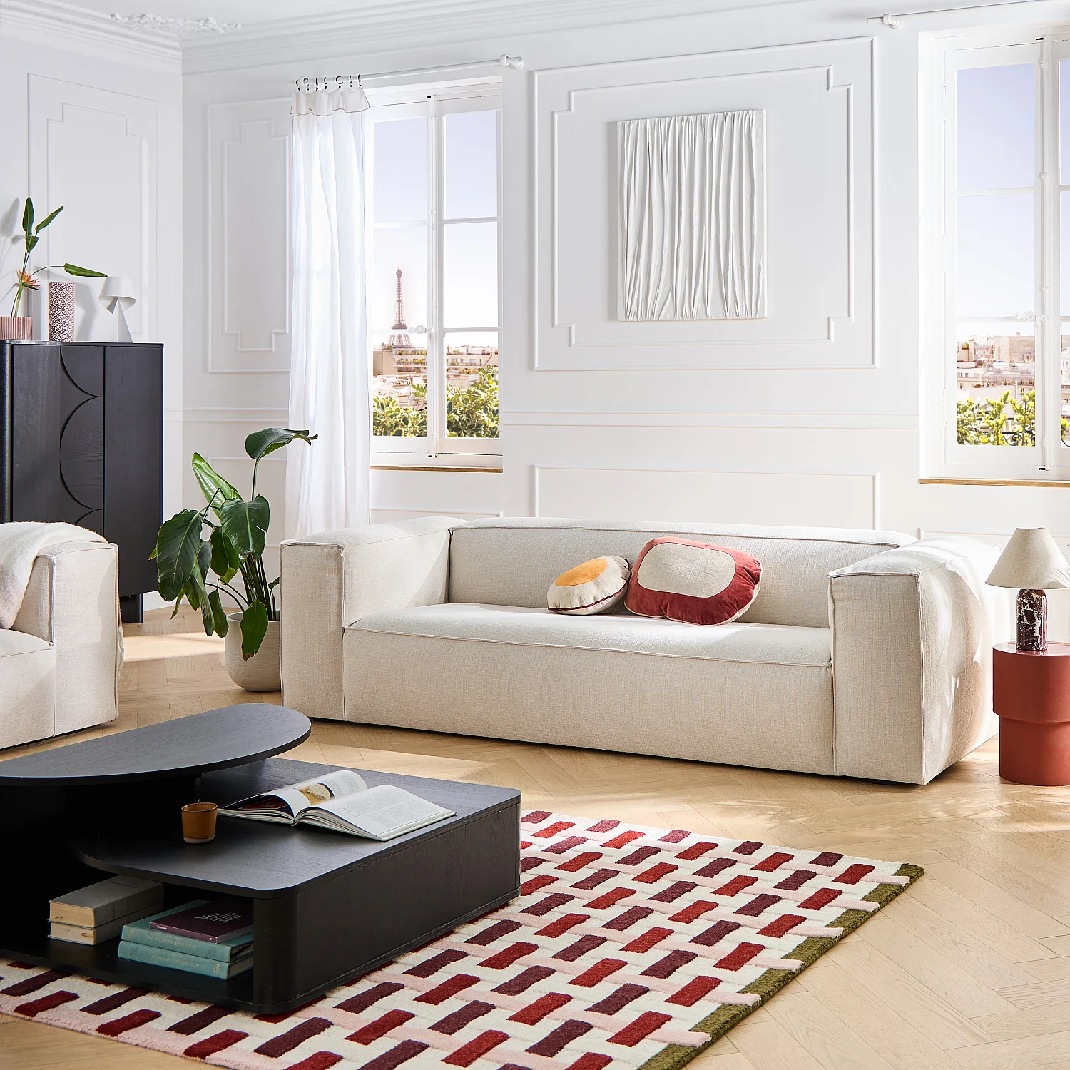 Cuscino in lino e cotone - 40 cm - Beige e arancione - Design by Floriane Jacques - 10