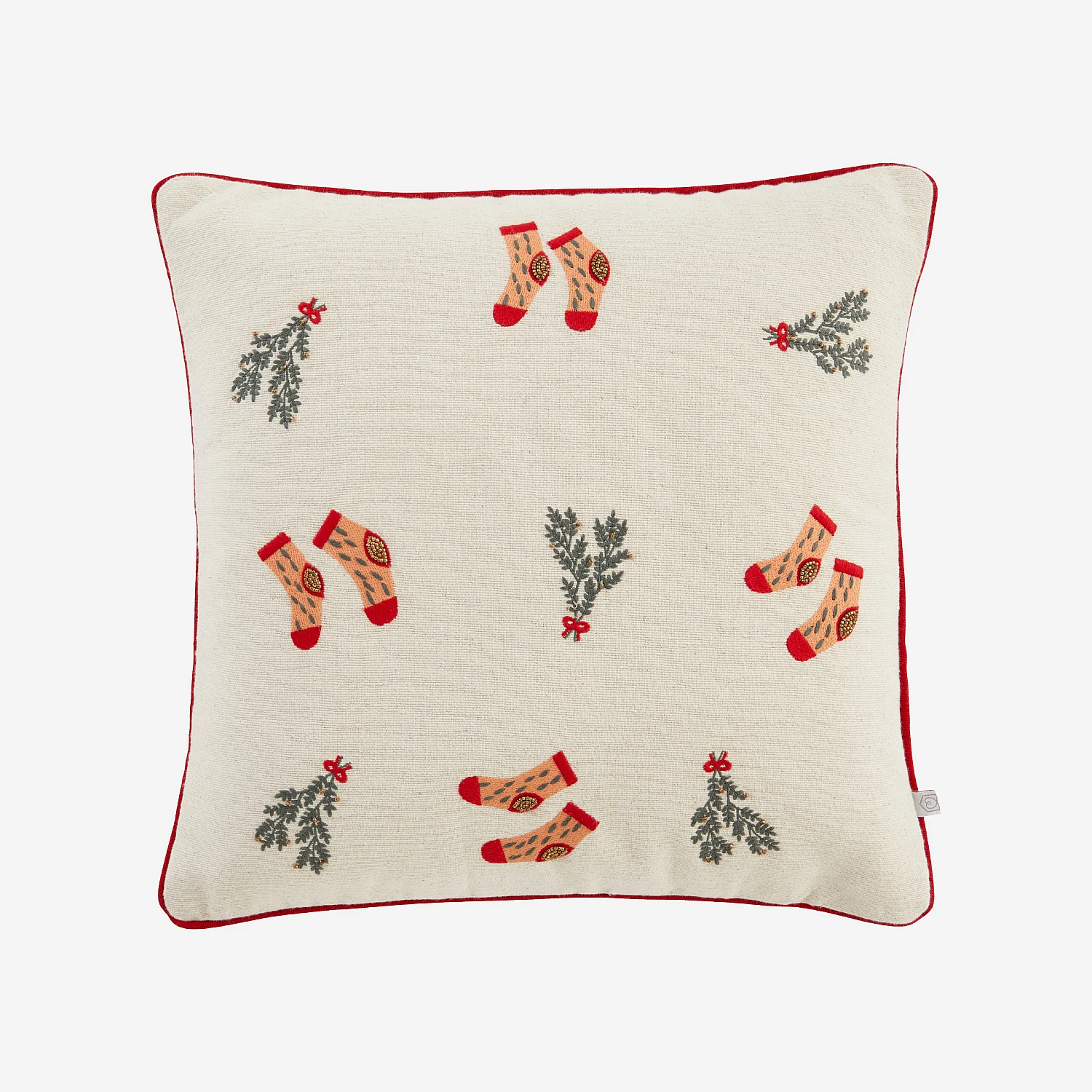 Coussin en coton - 45 x 45 cm - Rouge et Ecru à motifs - 1