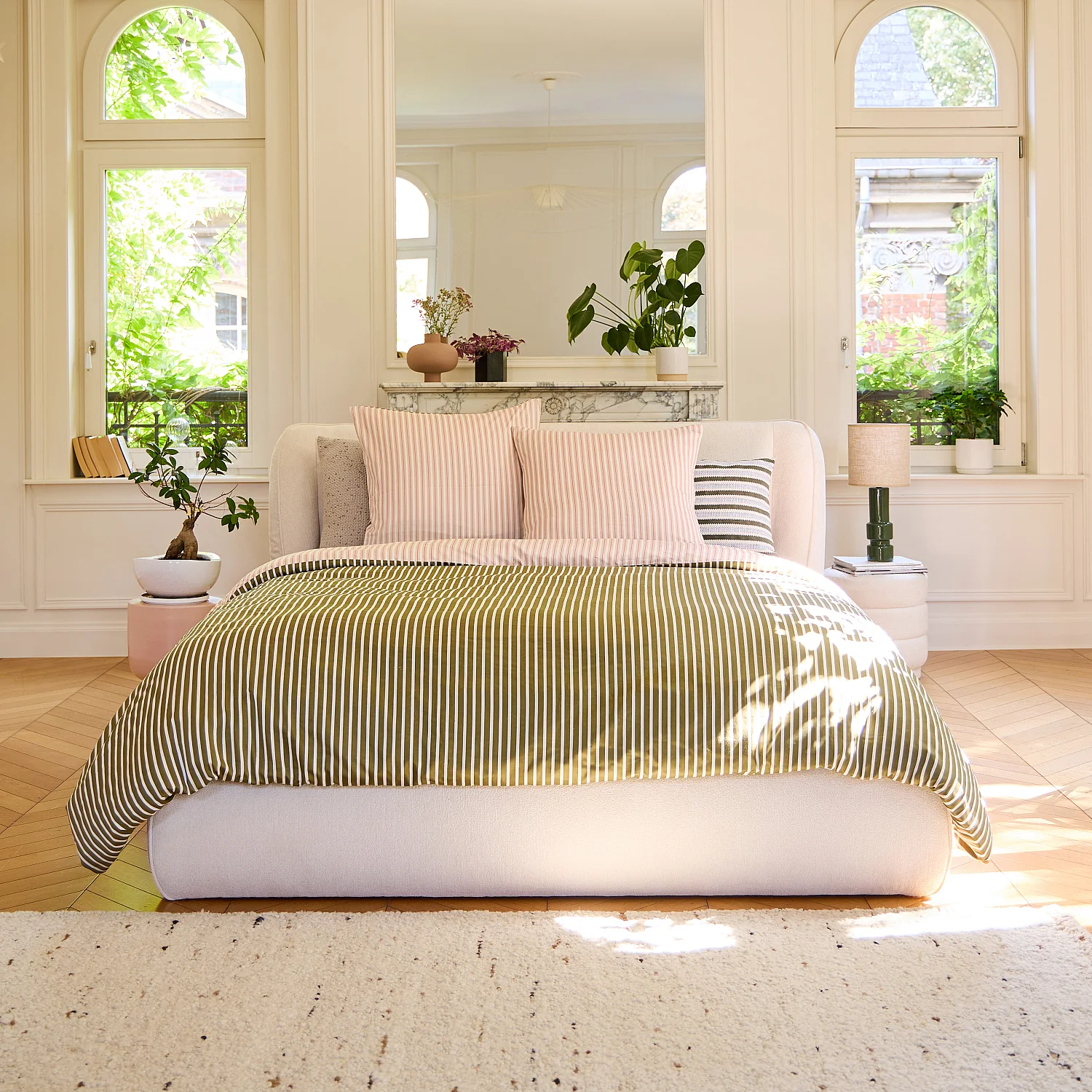 Beddengoed van biologisch katoensatijn - 240 x 220 cm - Lichtroze en groen - 1