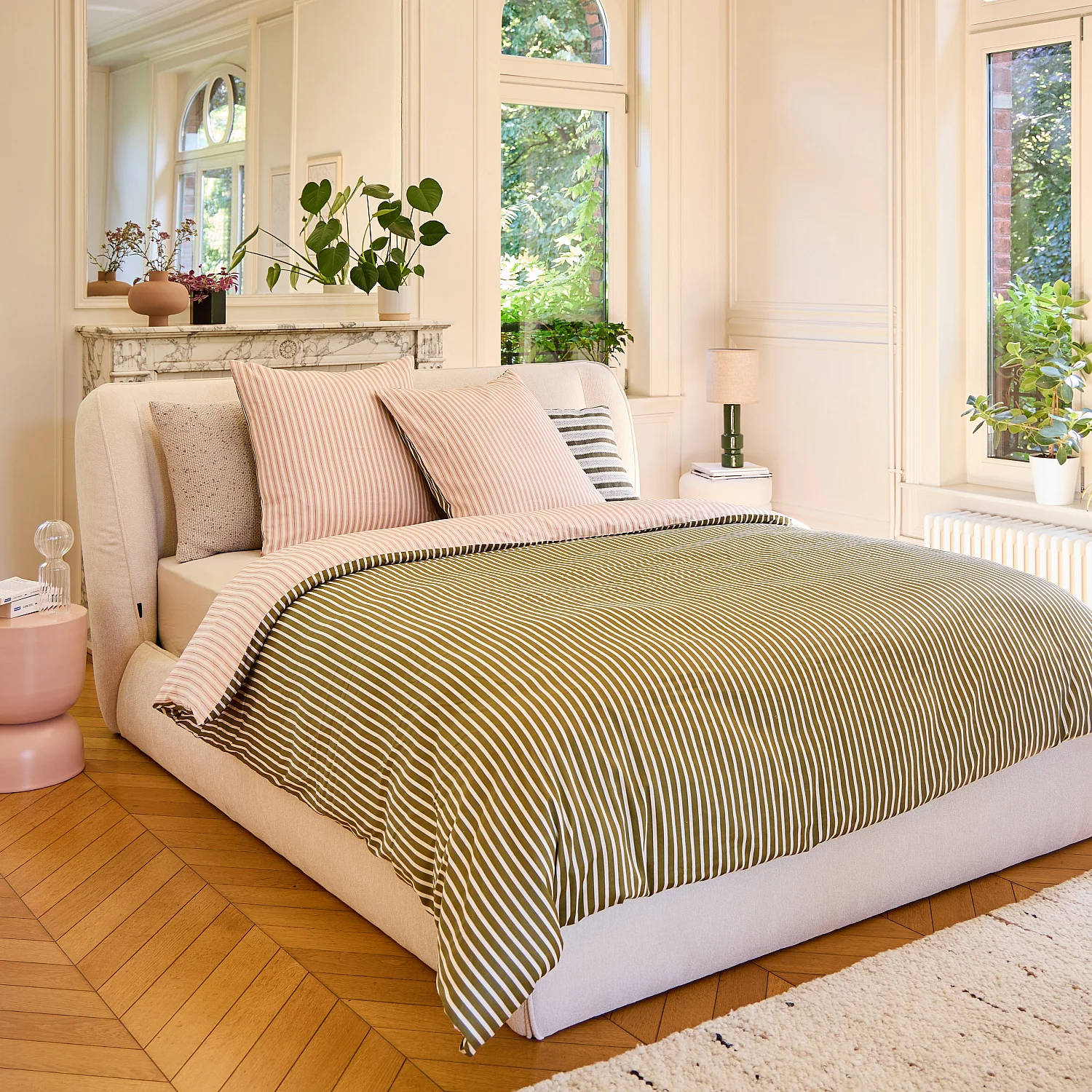 Parure de lit en satin de coton bio - 260 x 240 cm - Rose pâle et vert - 6