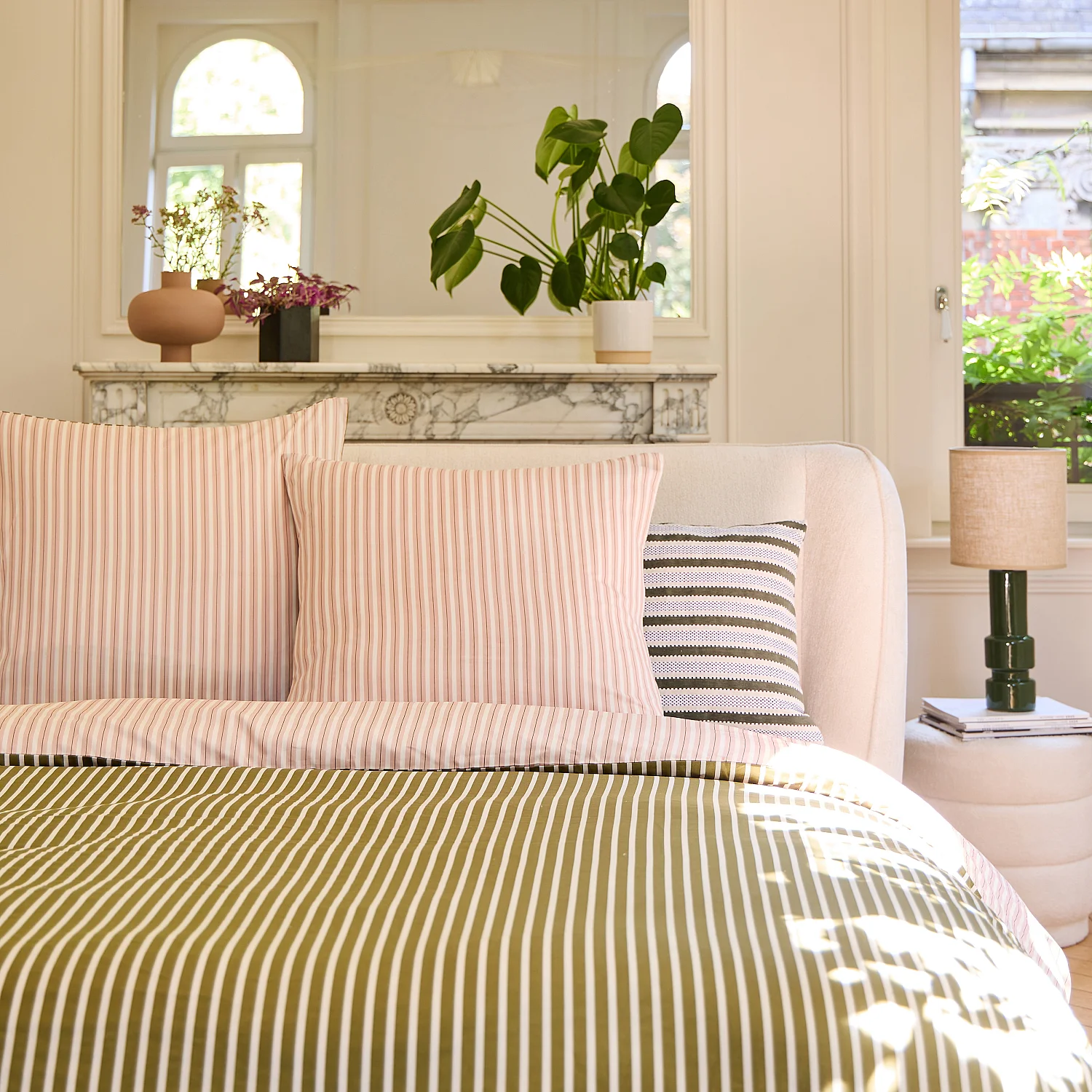 Parure de lit en satin de coton bio - 260 x 240 cm - Rose pâle et vert - 8