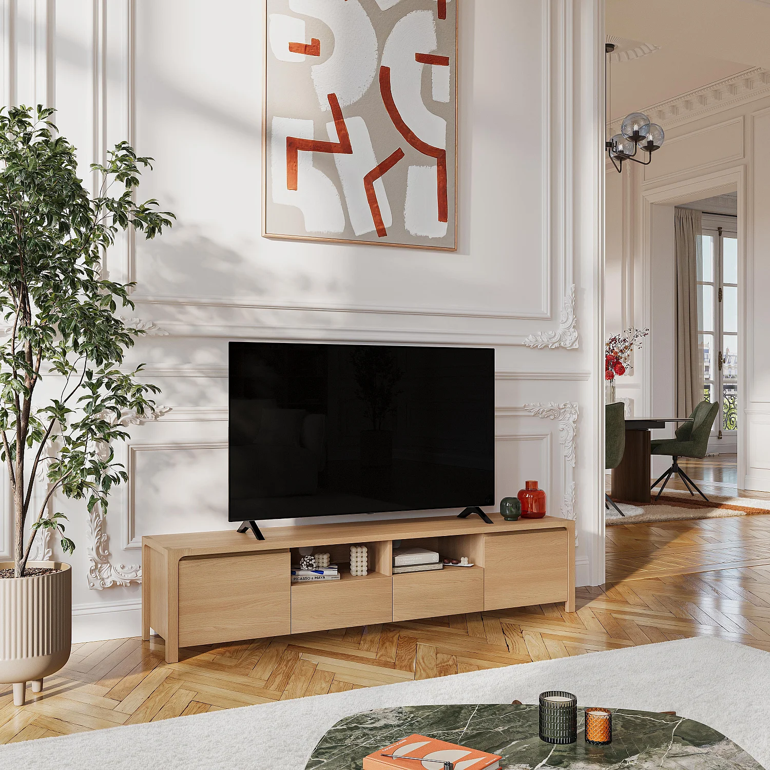 Meuble TV 2 portes 2 tiroirs en chêne - Naturel - Design by Hélèna Pille - 1