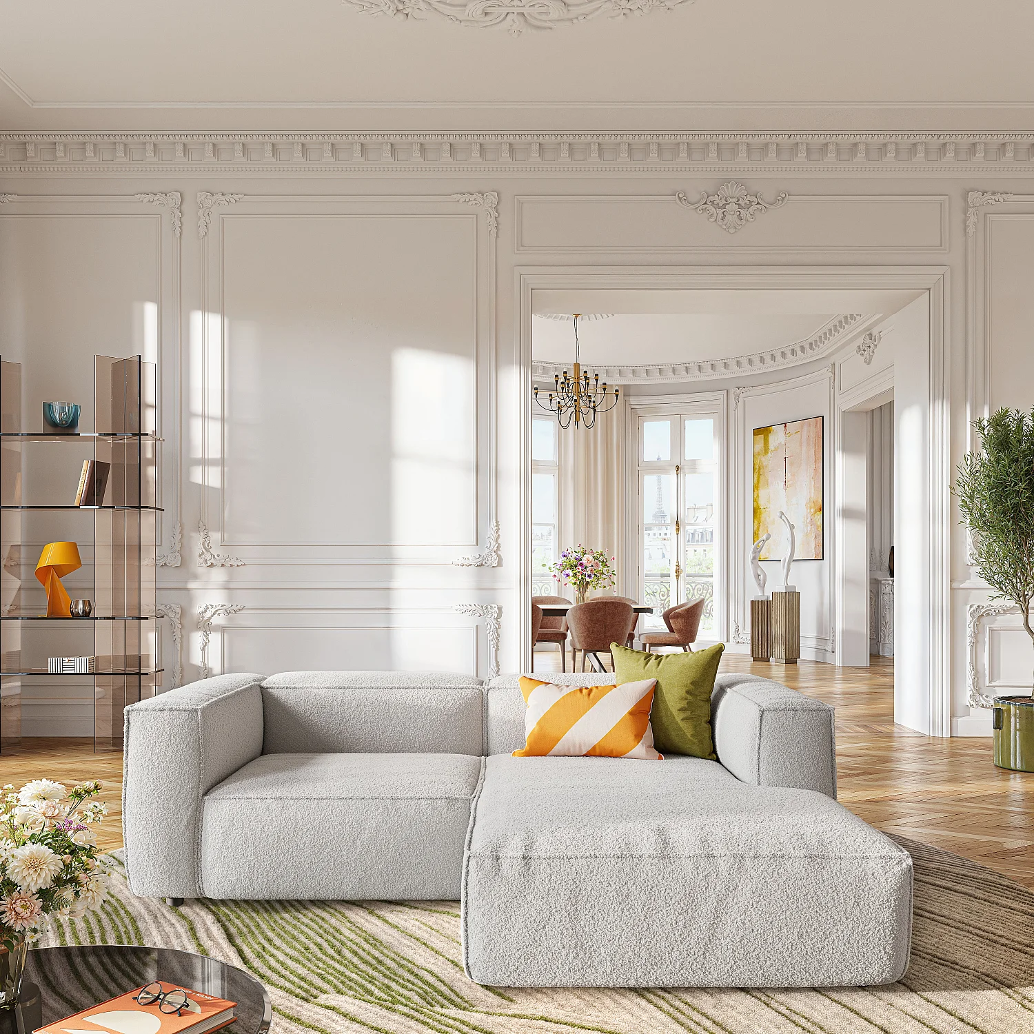 Canapé d'angle droit en tissu bouclette - Beige mélangé - 1