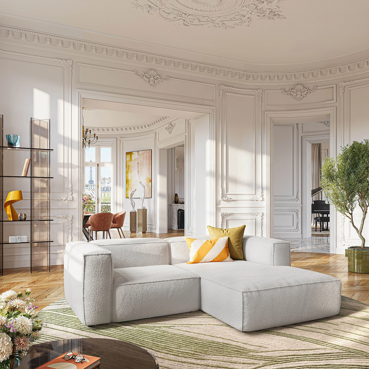 Canapé d'angle droit en tissu bouclette - Beige mélangé - 3