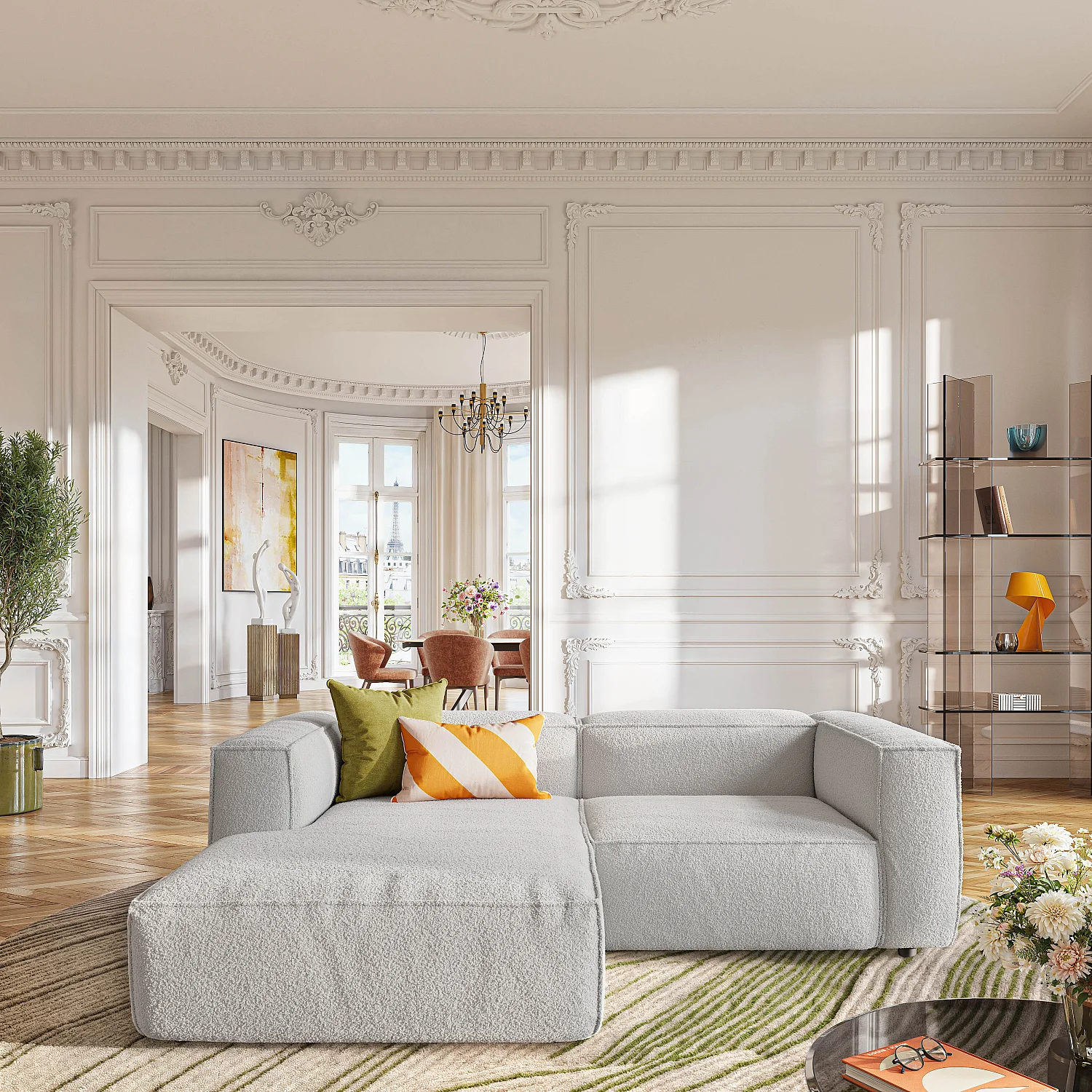 Canapé d'angle gauche en tissu bouclette - Beige mélangé - 1