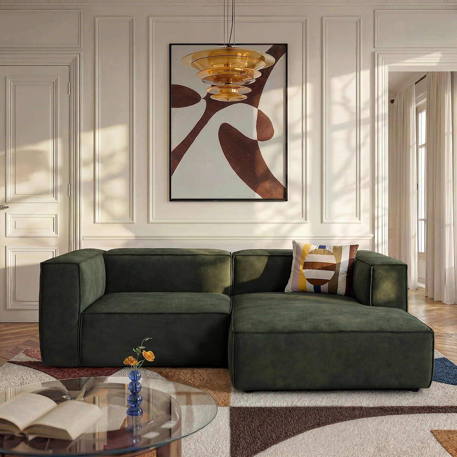 Divano angolare destro in velluto - Verde kaki - 1