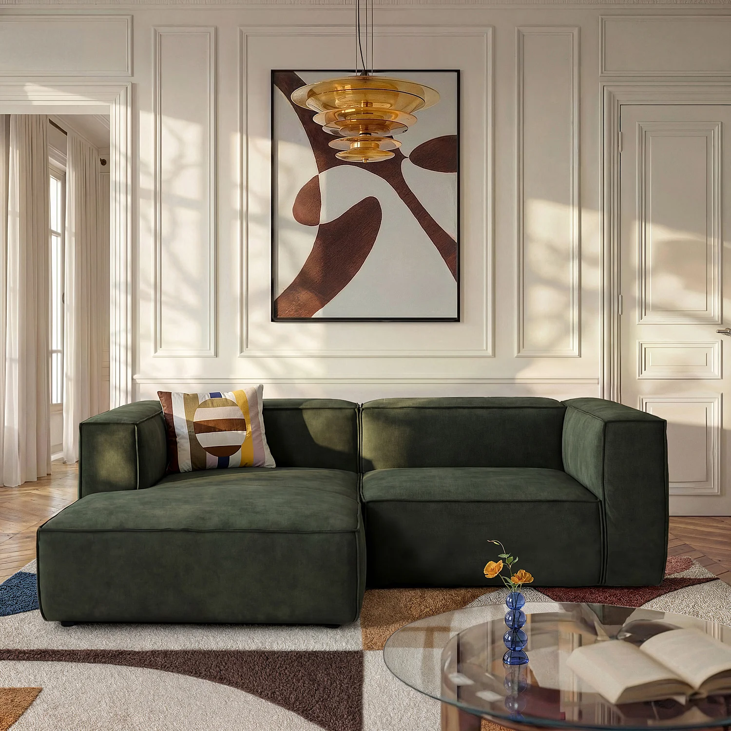 Divano angolare sinistro in velluto - Verde kaki - 1