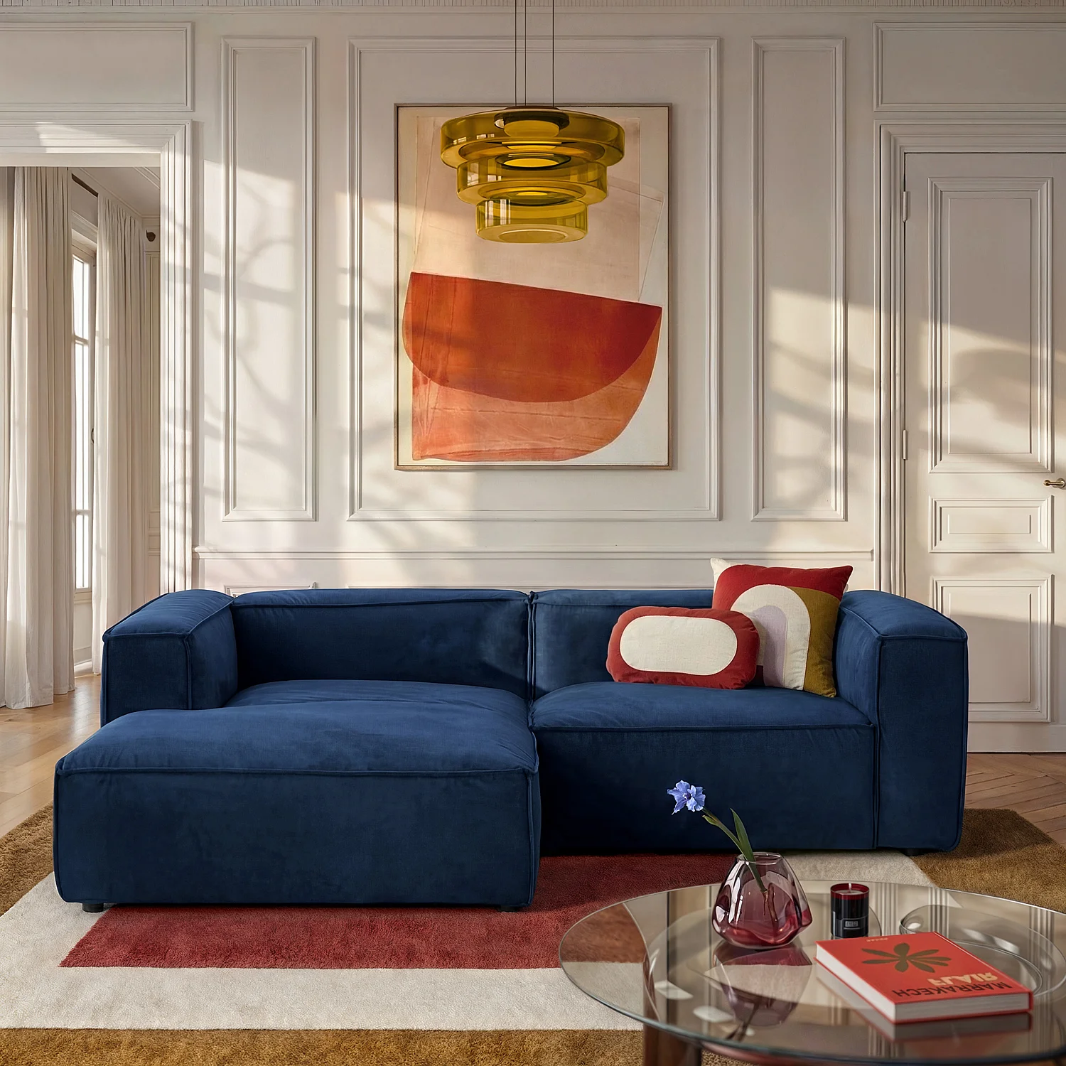 Divano angolare sinistro in velluto - Blu marino - 1