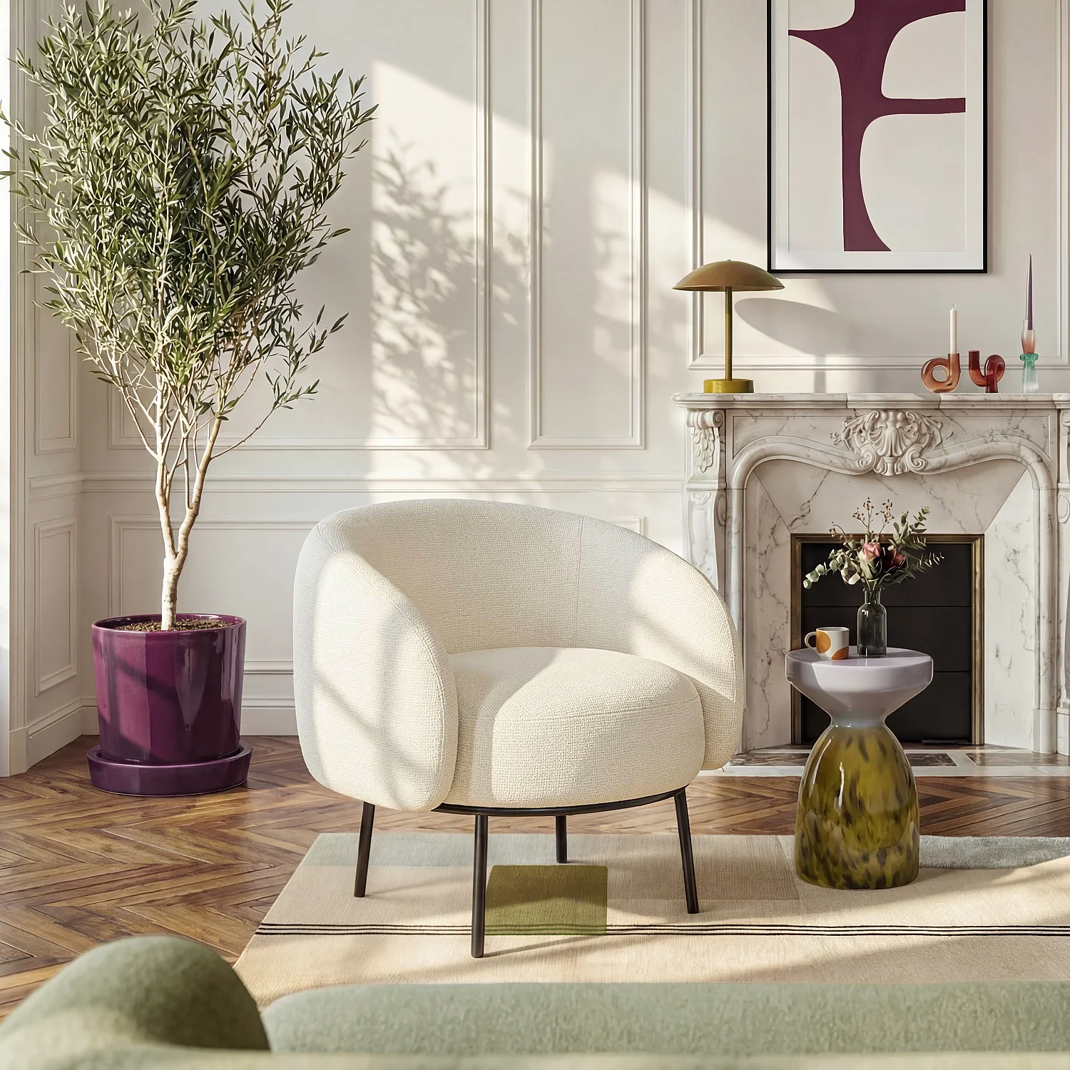 Fauteuil in chenille stof en zwart metaal - Ivoor - Design by Adrien Carvès - 1