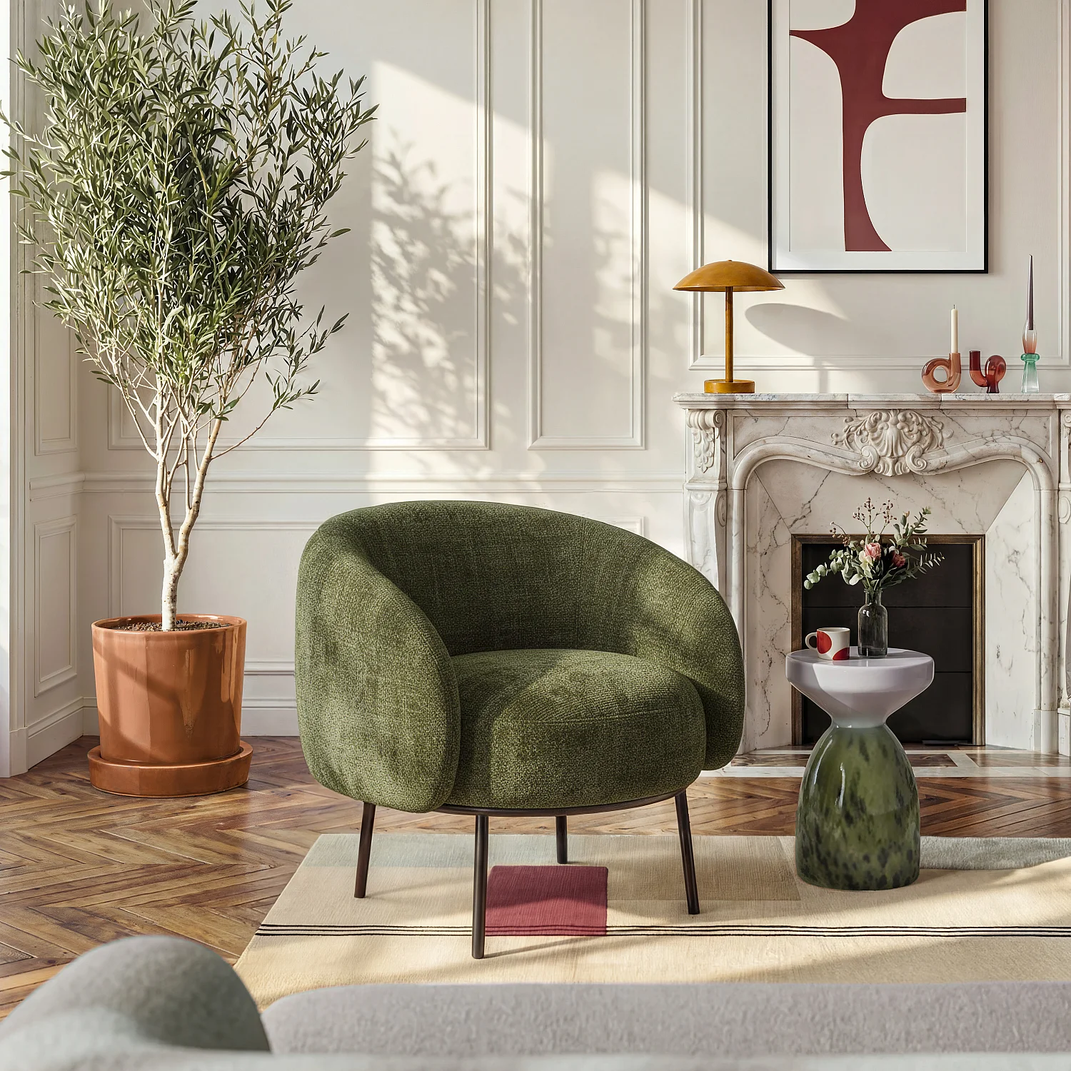 Fauteuil in chenille stof en zwart metaal - Kaki groen - Design by Adrien Carvès - 1