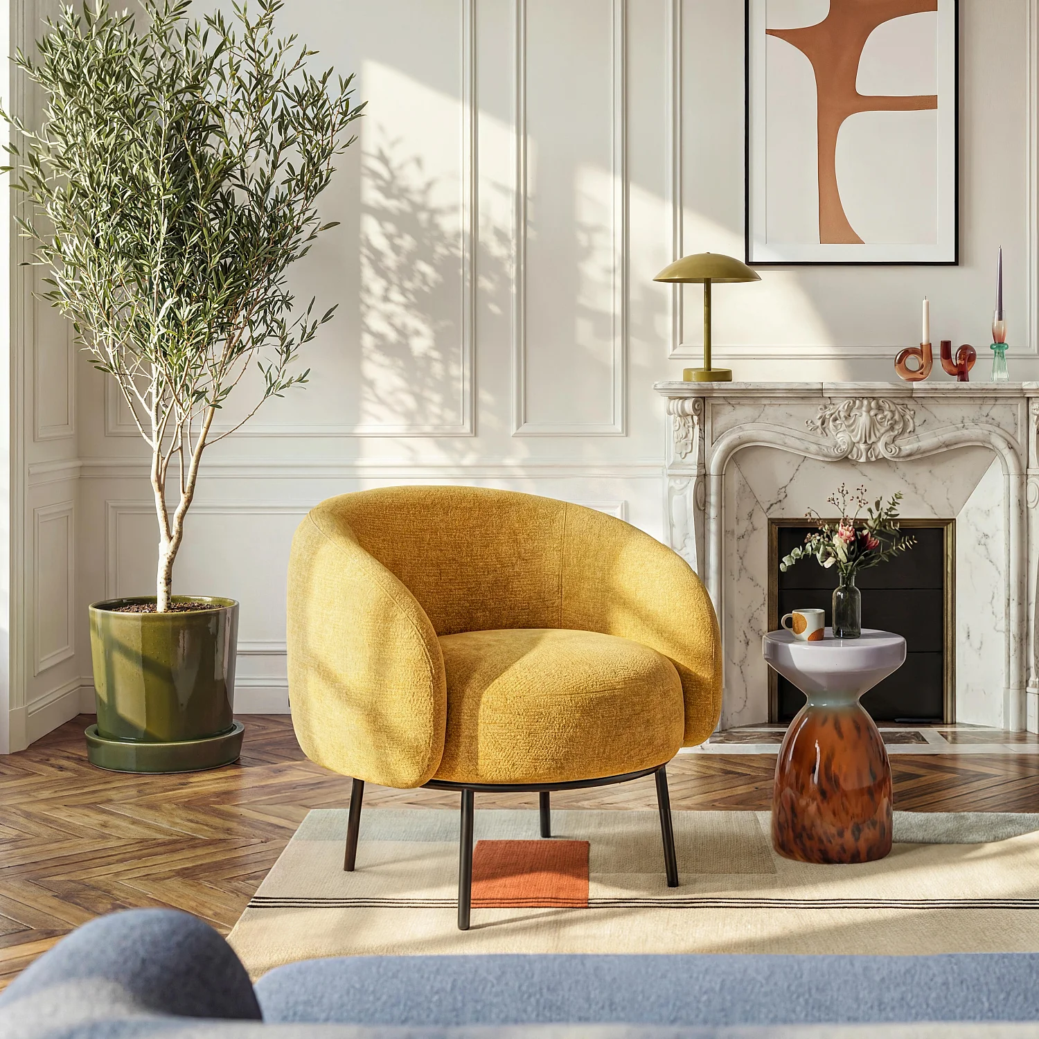 Poltrona in tessuto chenille e metallo nero - Giallo ocra - Design by Adrien Carvès - 1