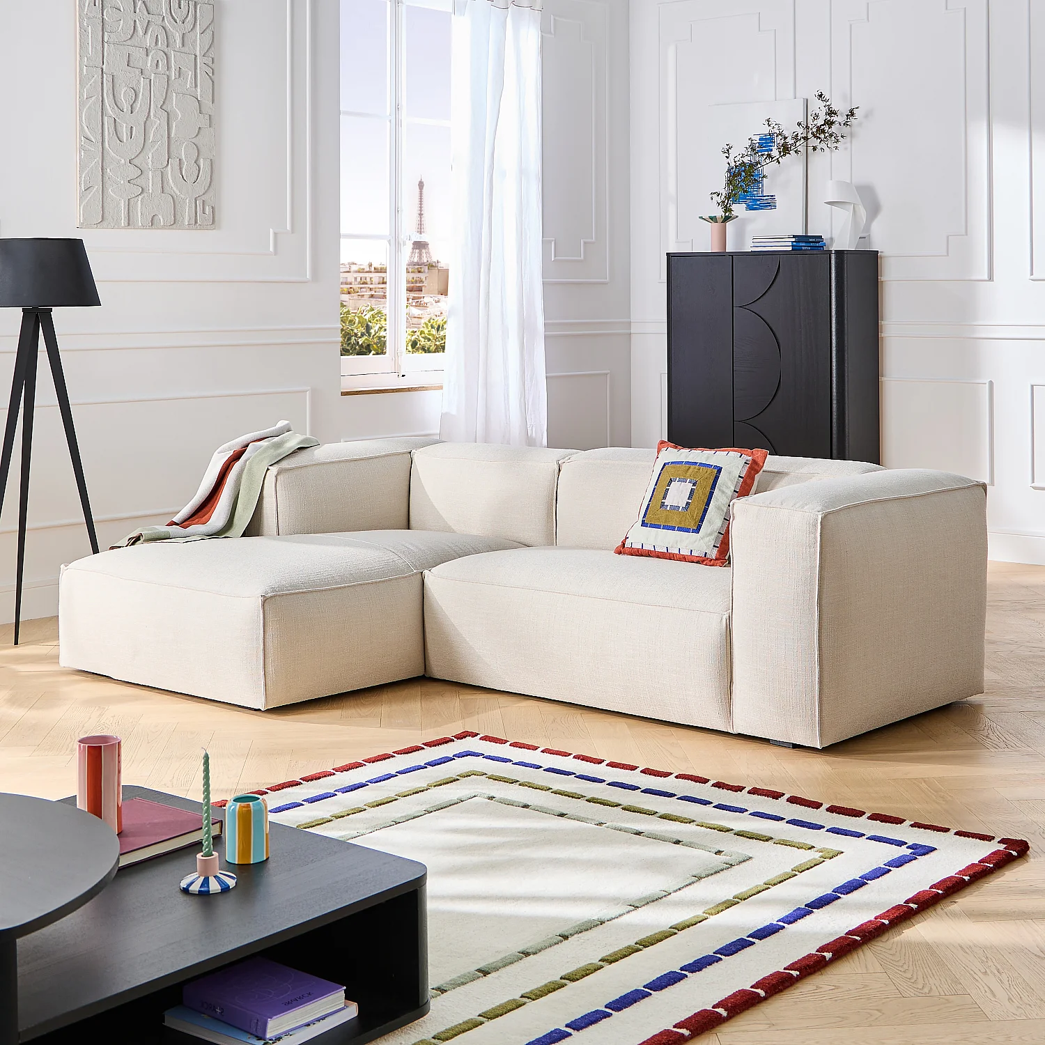 Canapé d'angle gauche en tissu bouclette courte Mira - Ivoire - 1