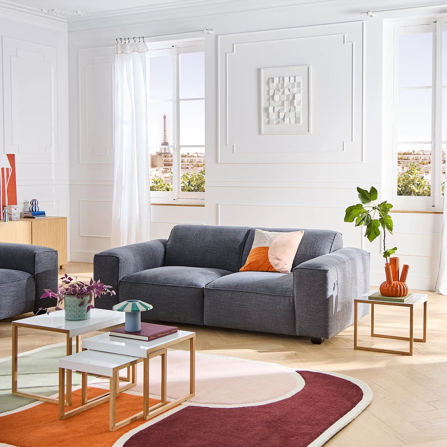 Canapé 3 places en tissu bouclette courte Mira - Bleu denim - 1