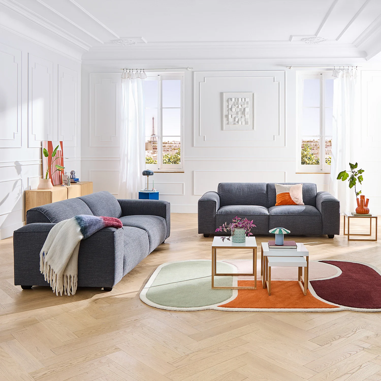 Divano 3 posti in tessuto bouclé corto Mira - Blu denim - 7