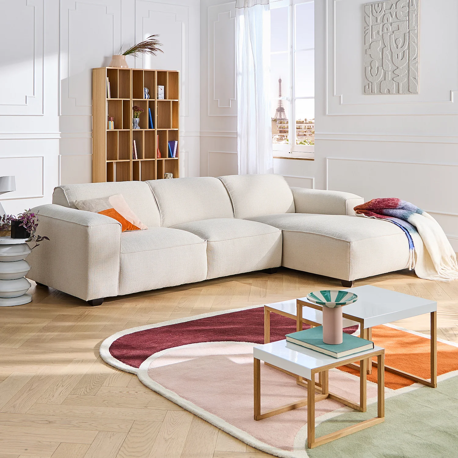 Canapé d'angle droit en tissu bouclette courte Mira - Ivoire - 1