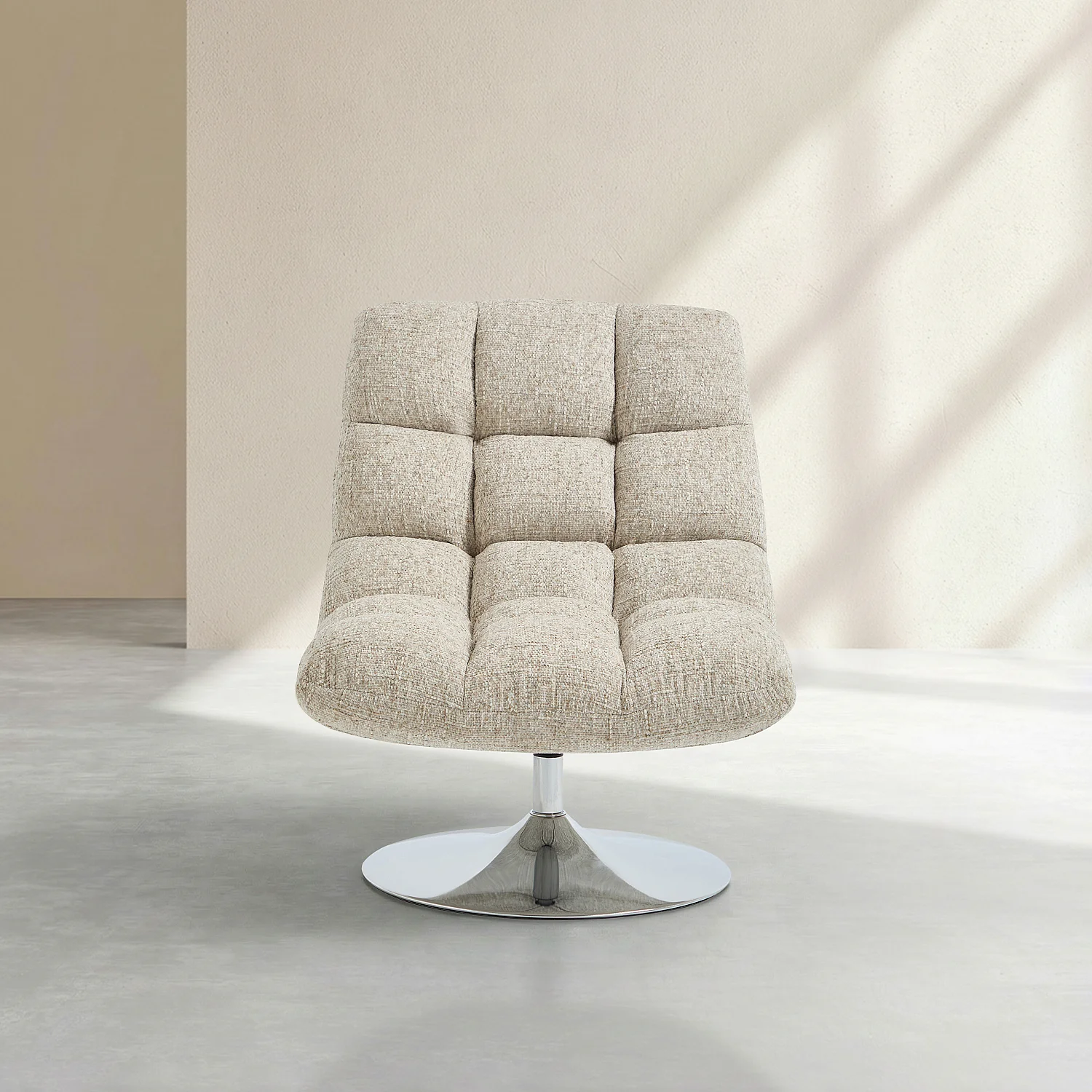 Poltrona girevole in tessuto ciniglia e metallo cromato - Beige melange - 3