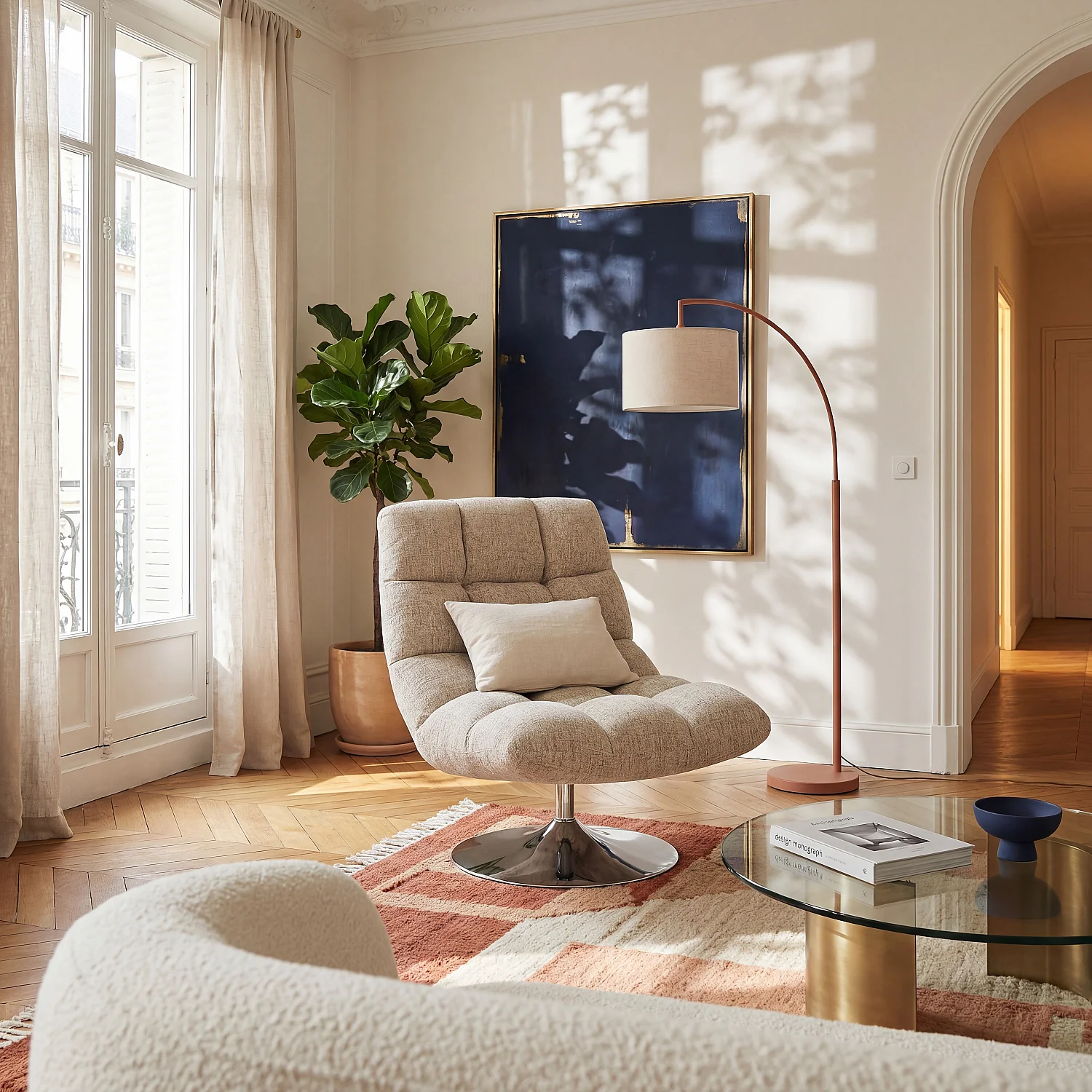 Poltrona girevole in tessuto ciniglia e metallo cromato - Beige melange - 1