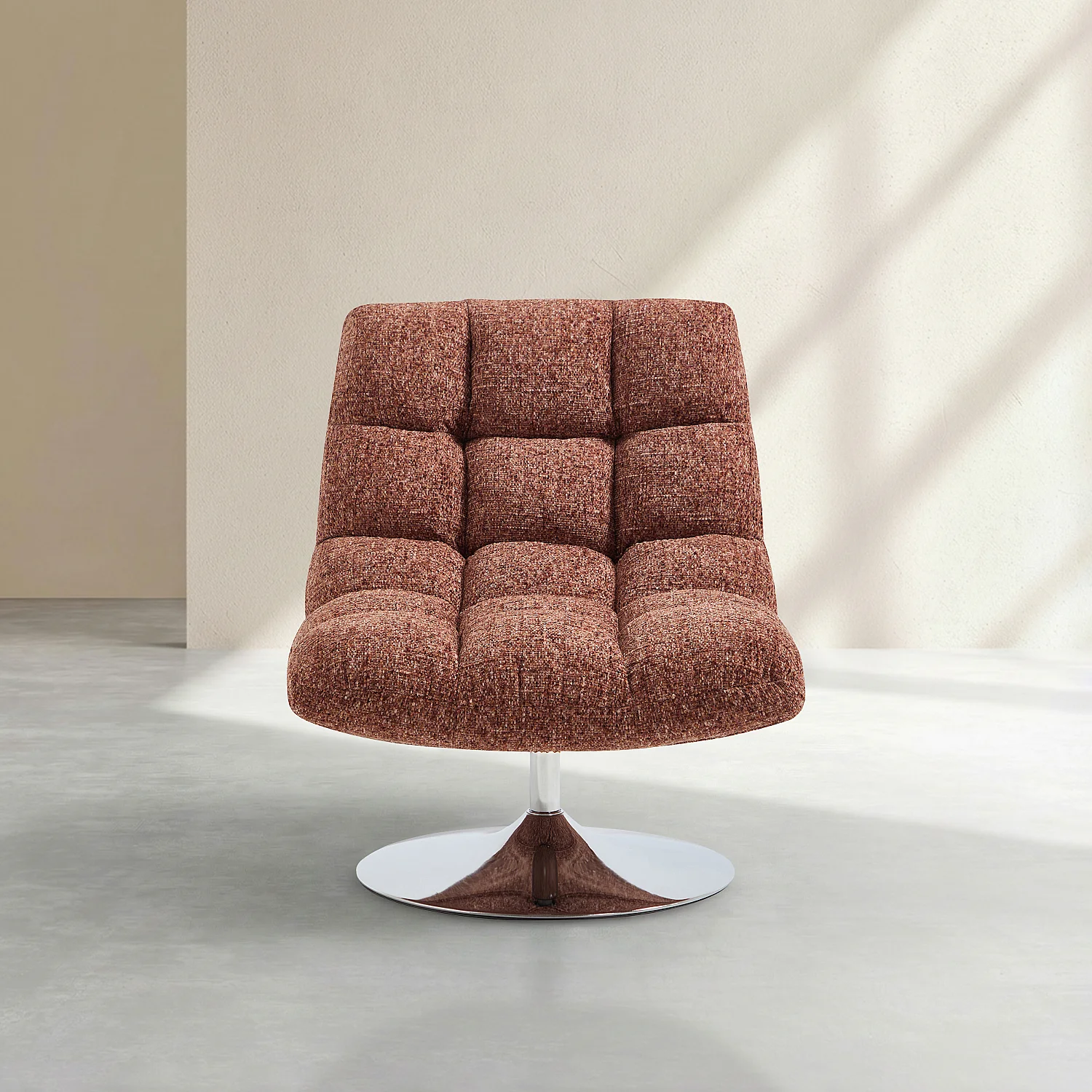 Poltrona girevole in tessuto ciniglia e metallo cromato - Terracotta melange - 3