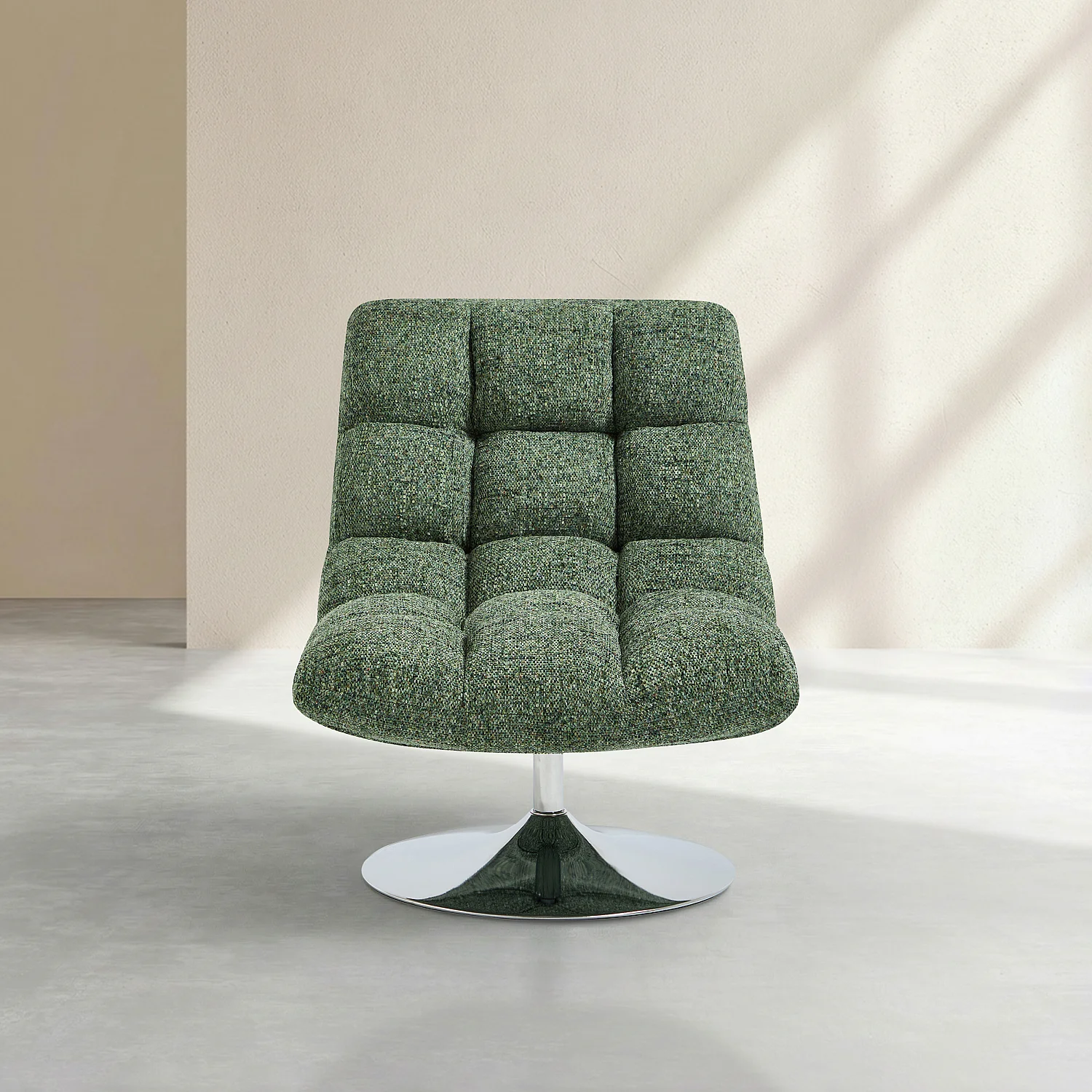 Poltrona girevole in tessuto ciniglia e metallo cromato - Verde melange - 1