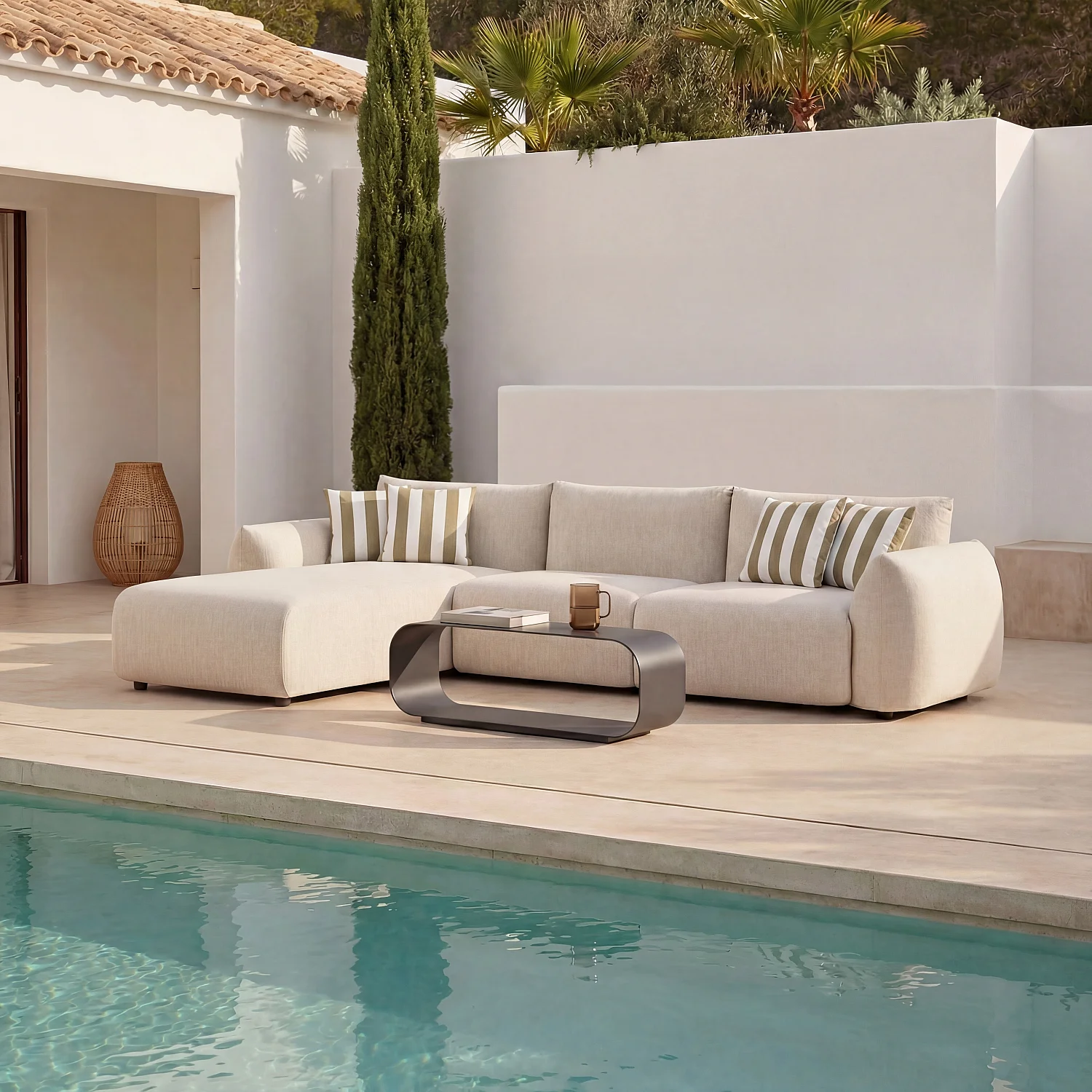 Canapé d'angle gauche de jardin en tissu imperméable - Crème - 3