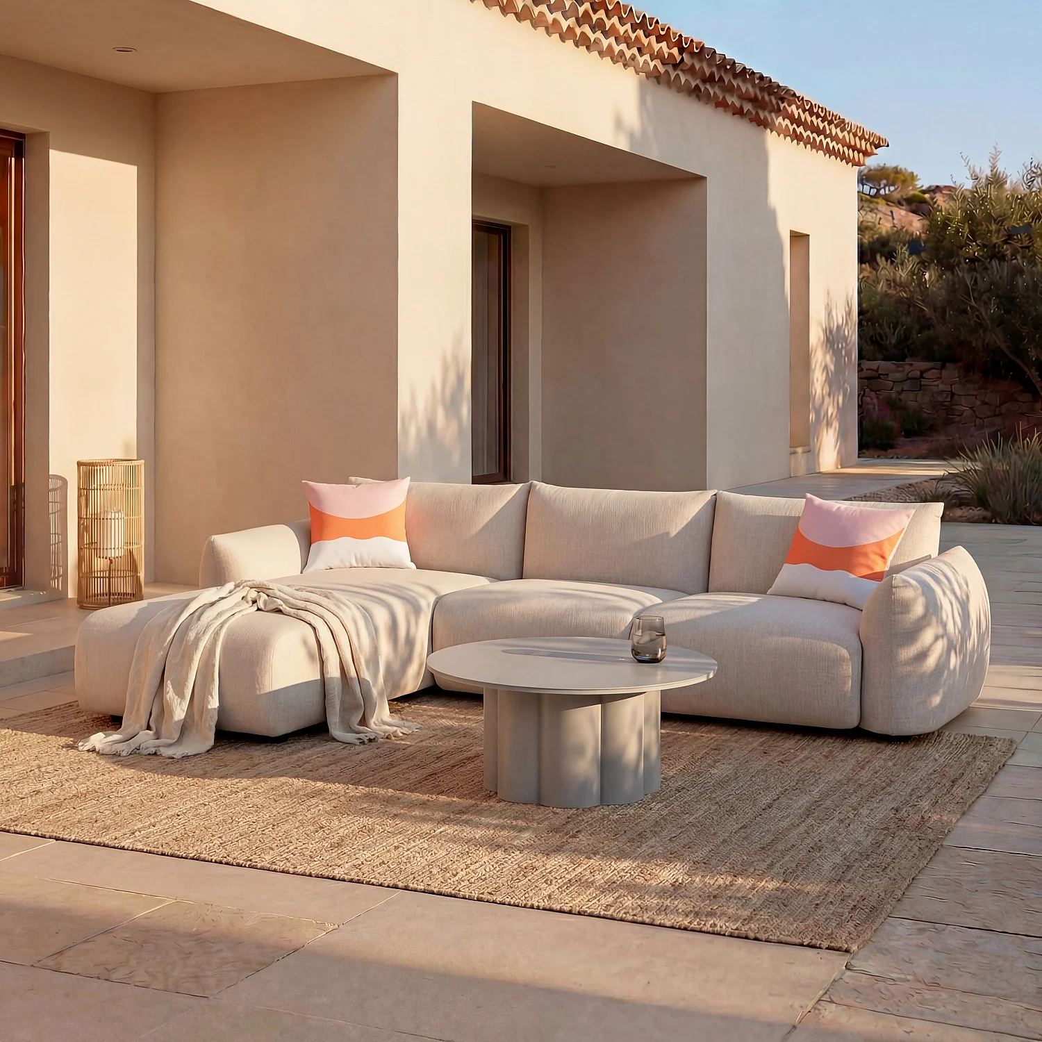 Canapé d'angle gauche de jardin en tissu imperméable - Crème - 1