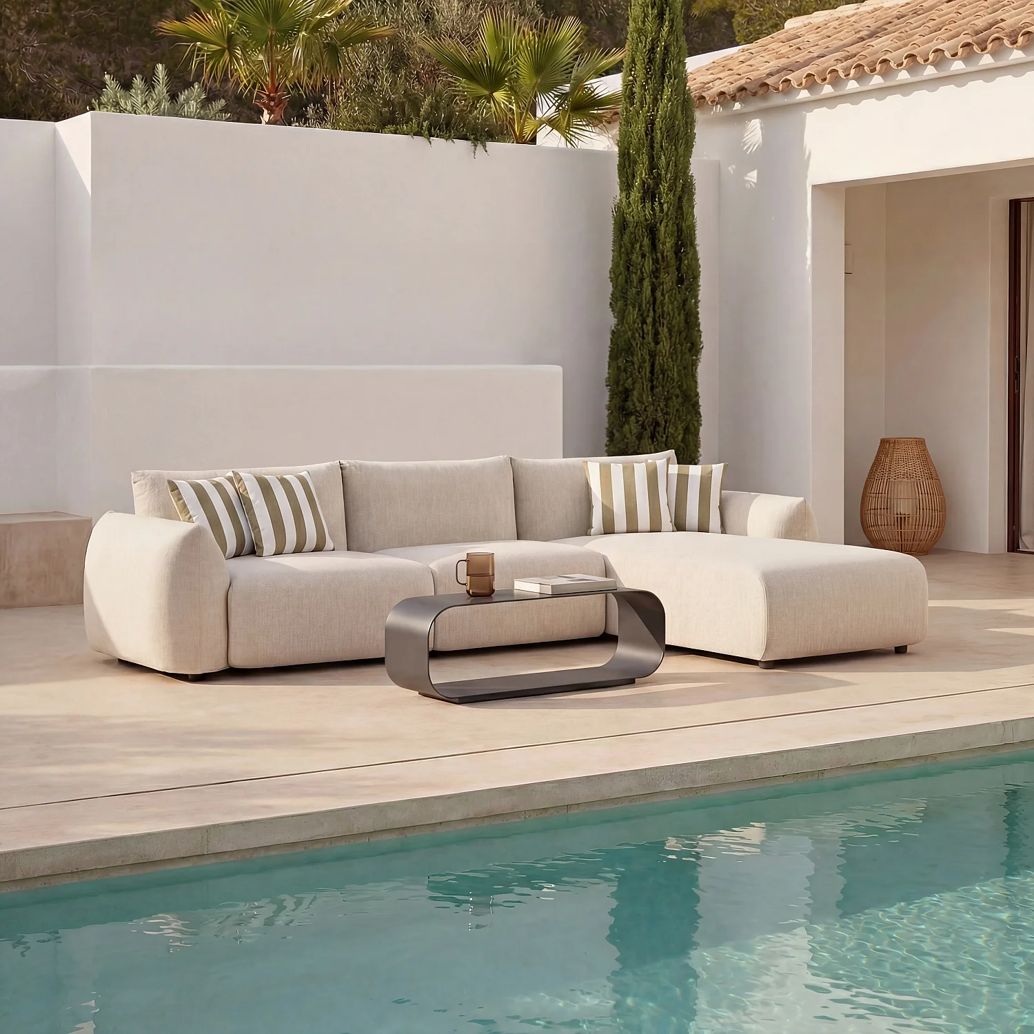 Canapé d'angle droit de jardin en tissu imperméable - Crème - 3