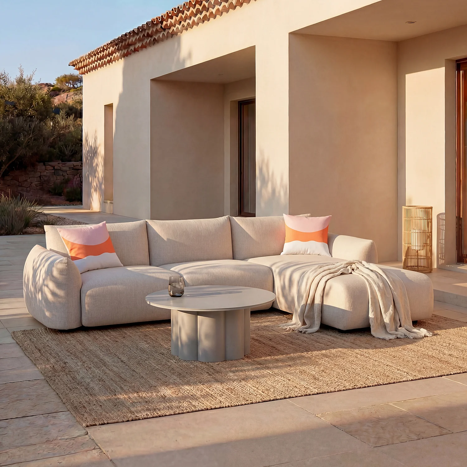 Canapé d'angle droit de jardin en tissu imperméable - Crème - 1