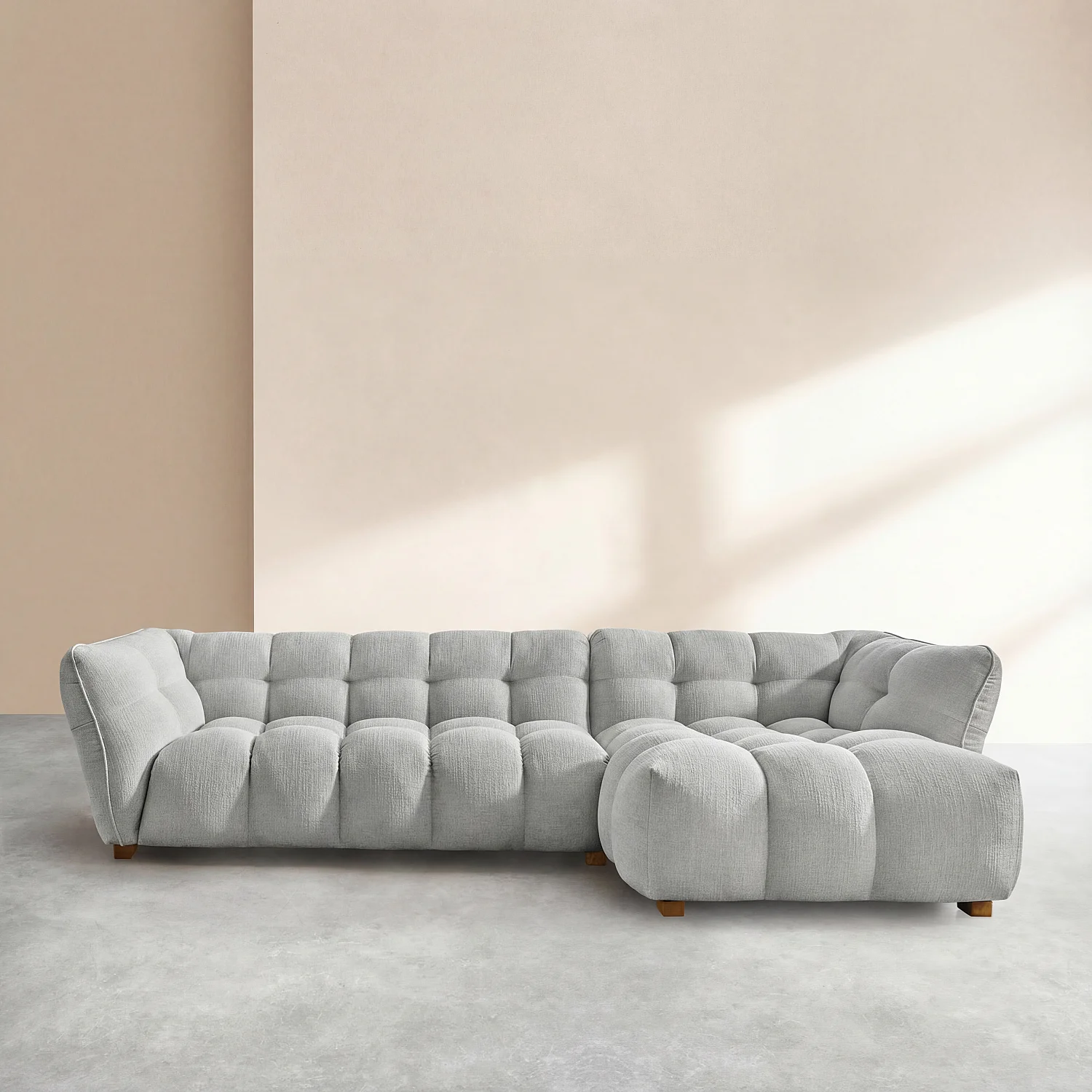 Canapé d'angle droit en tissu bouclette courte Mira - Gris perle - 1