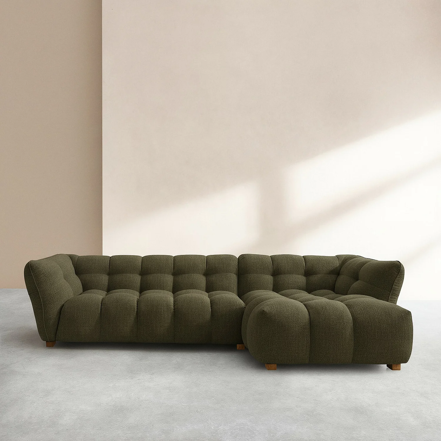 Canapé d'angle droit en tissu bouclette courte Mira - Vert sapin - 1