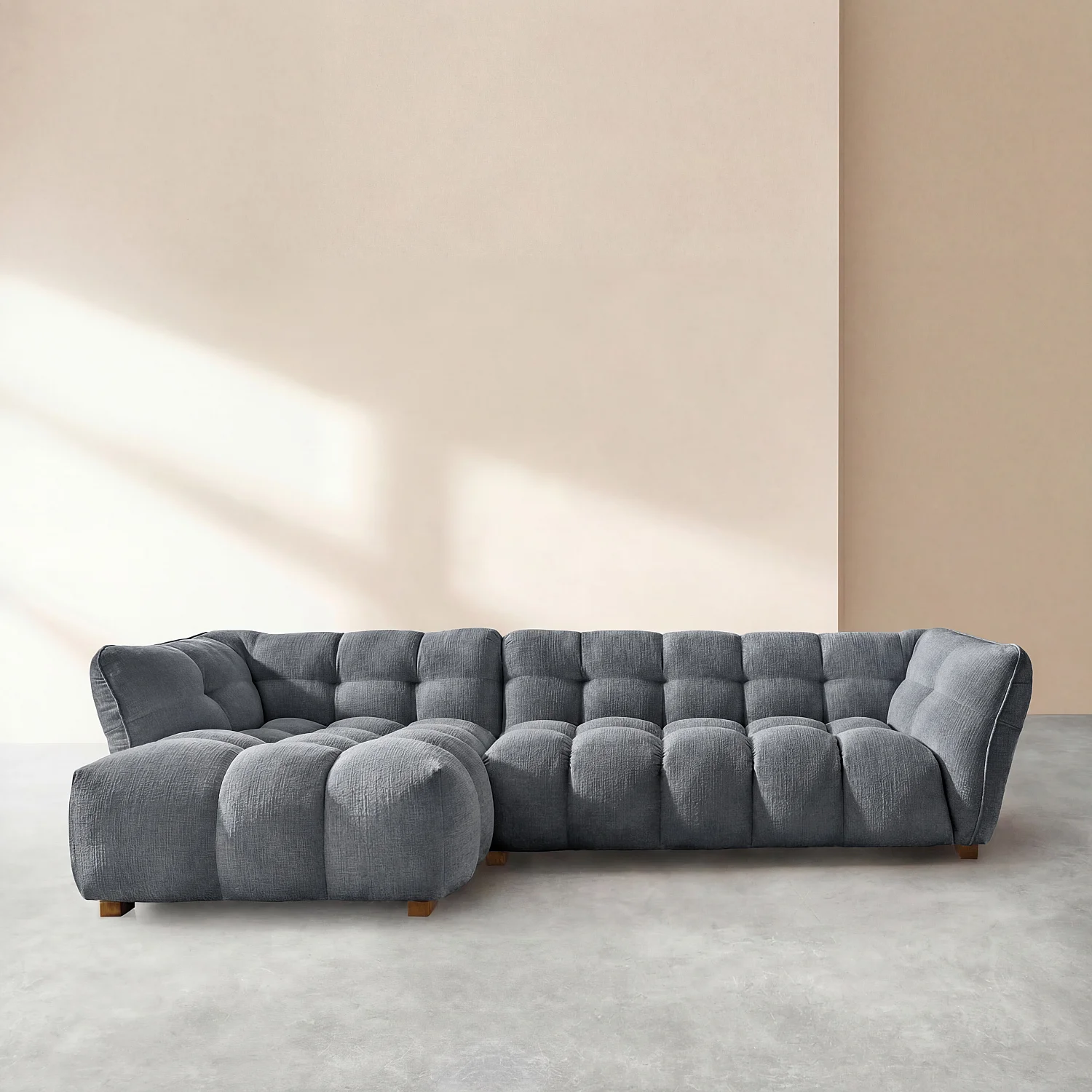 Canapé d'angle gauche en tissu bouclette courte Mira - Bleu denim - 1