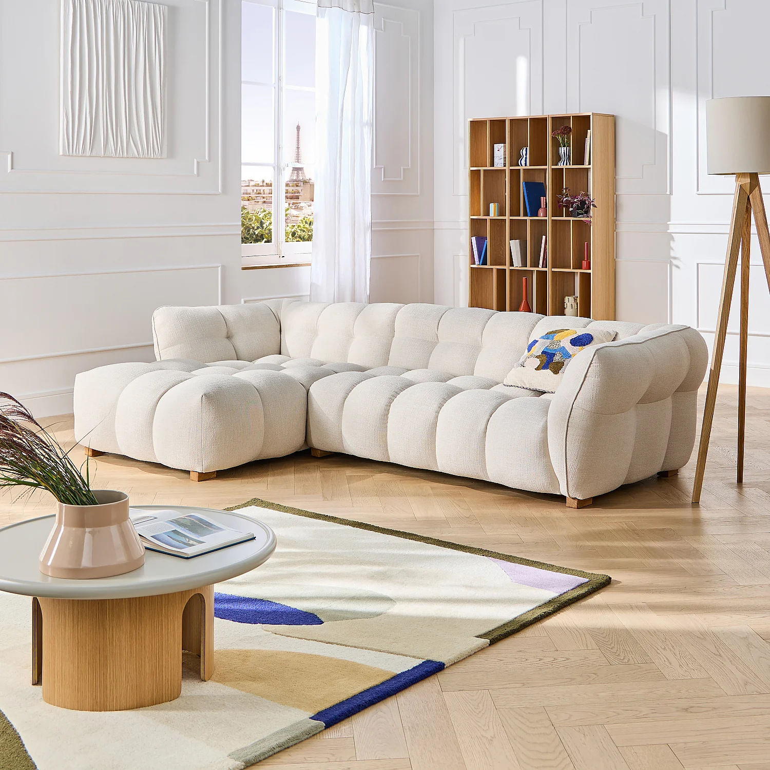 Canapé d'angle gauche en tissu chenille Nino - Crème - 4