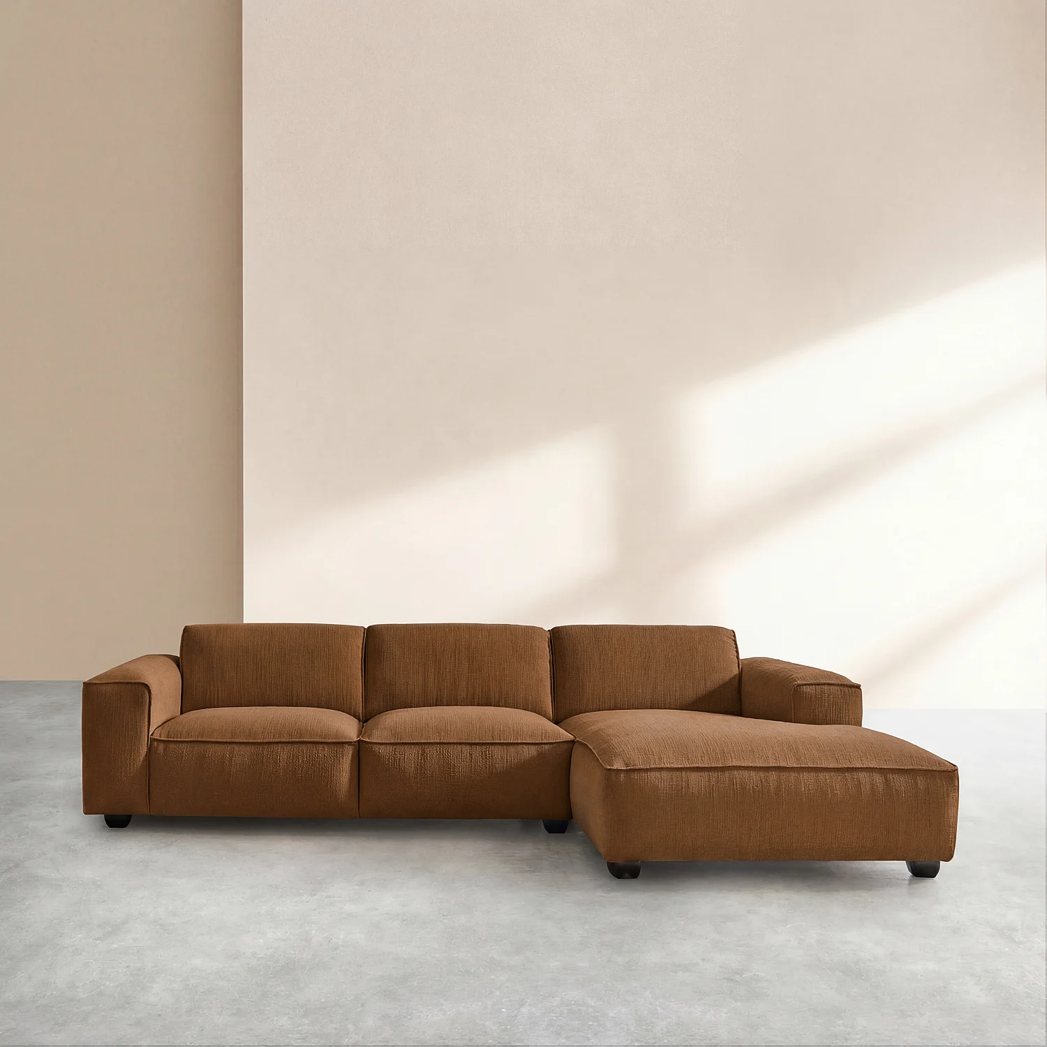 Canapé d'angle droit en tissu bouclette courte Mira - Marron noisette - 1