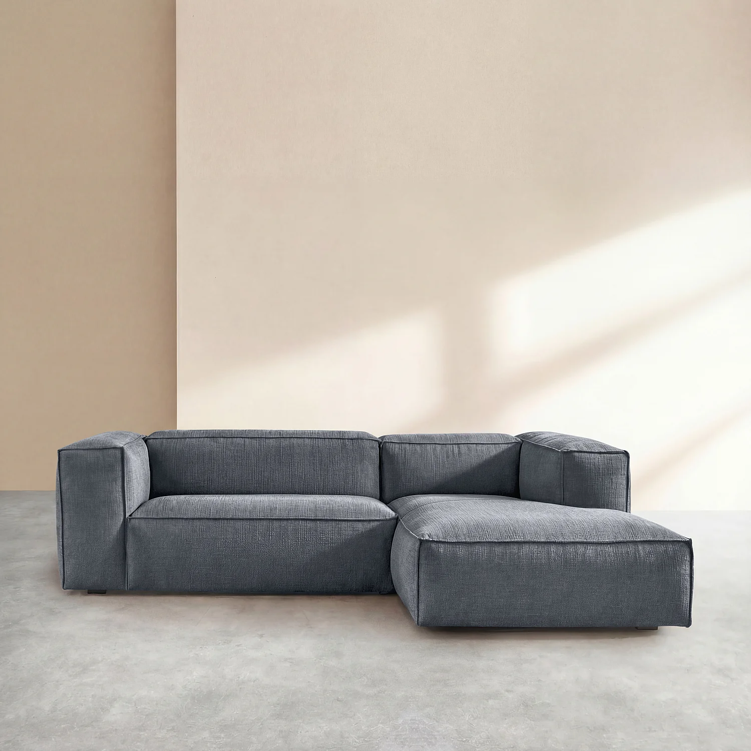 Canapé d'angle droit en tissu bouclette courte Mira - Bleu denim - 1