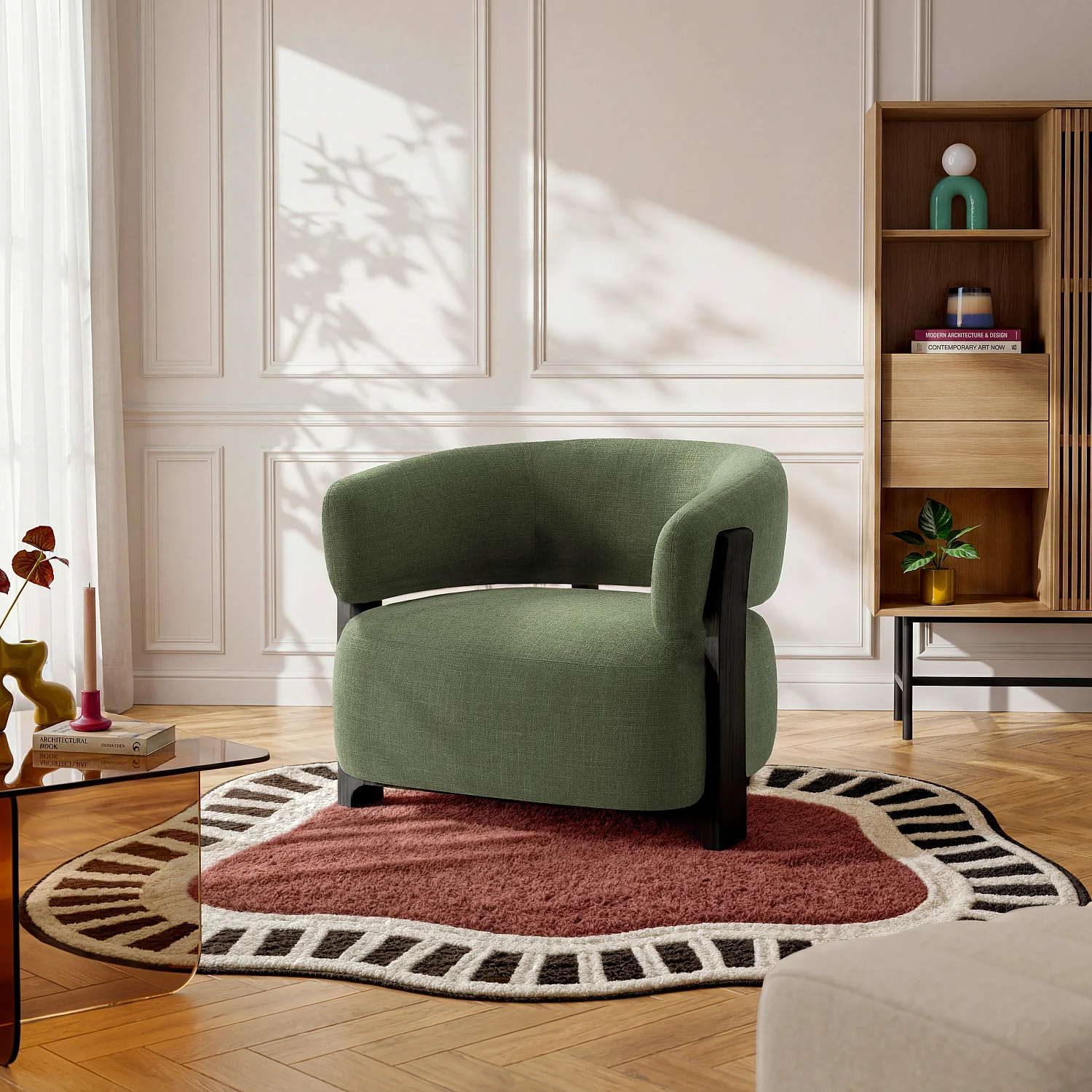 Fauteuil en tissu texturé et bois massif - Vert kaki et noyer - 1