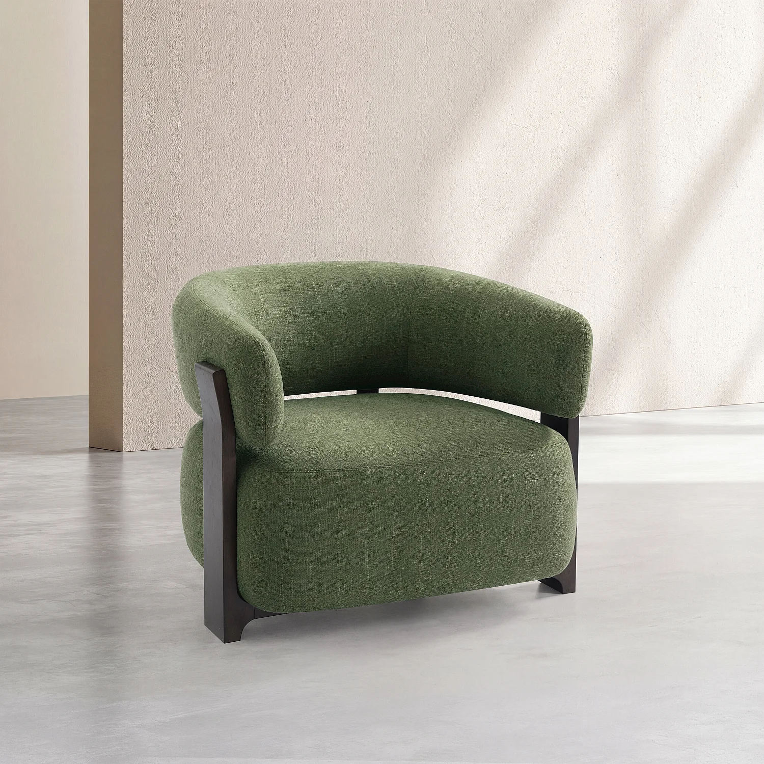 Sessel aus strukturiertem Stoff und Massivholz - Khakigrün und Nussbaum - 3