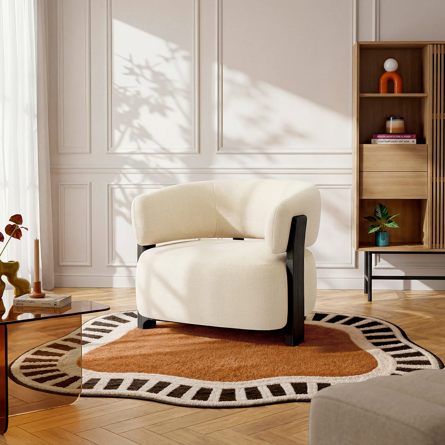 Fauteuil en tissu texturé et bois massif - Crème et noyer - 1