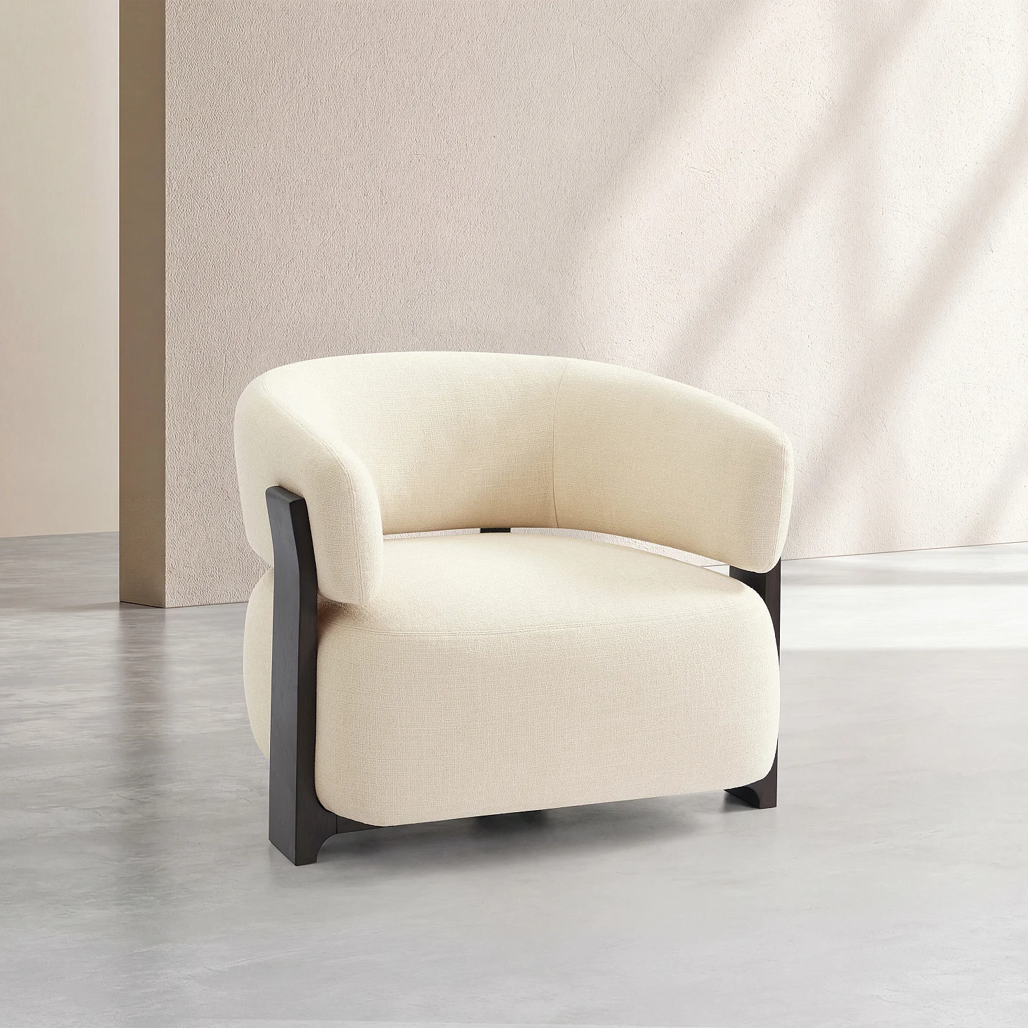 Sessel aus strukturiertem Stoff und Massivholz - Cremefarben und Nussbaum - 3