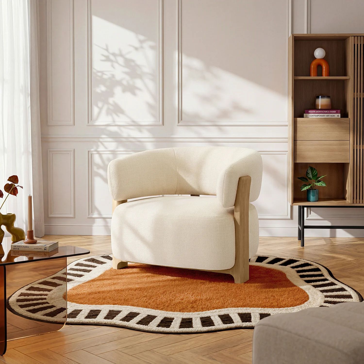 Fauteuil en tissu texturé et bois massif - Crème et chêne - 1