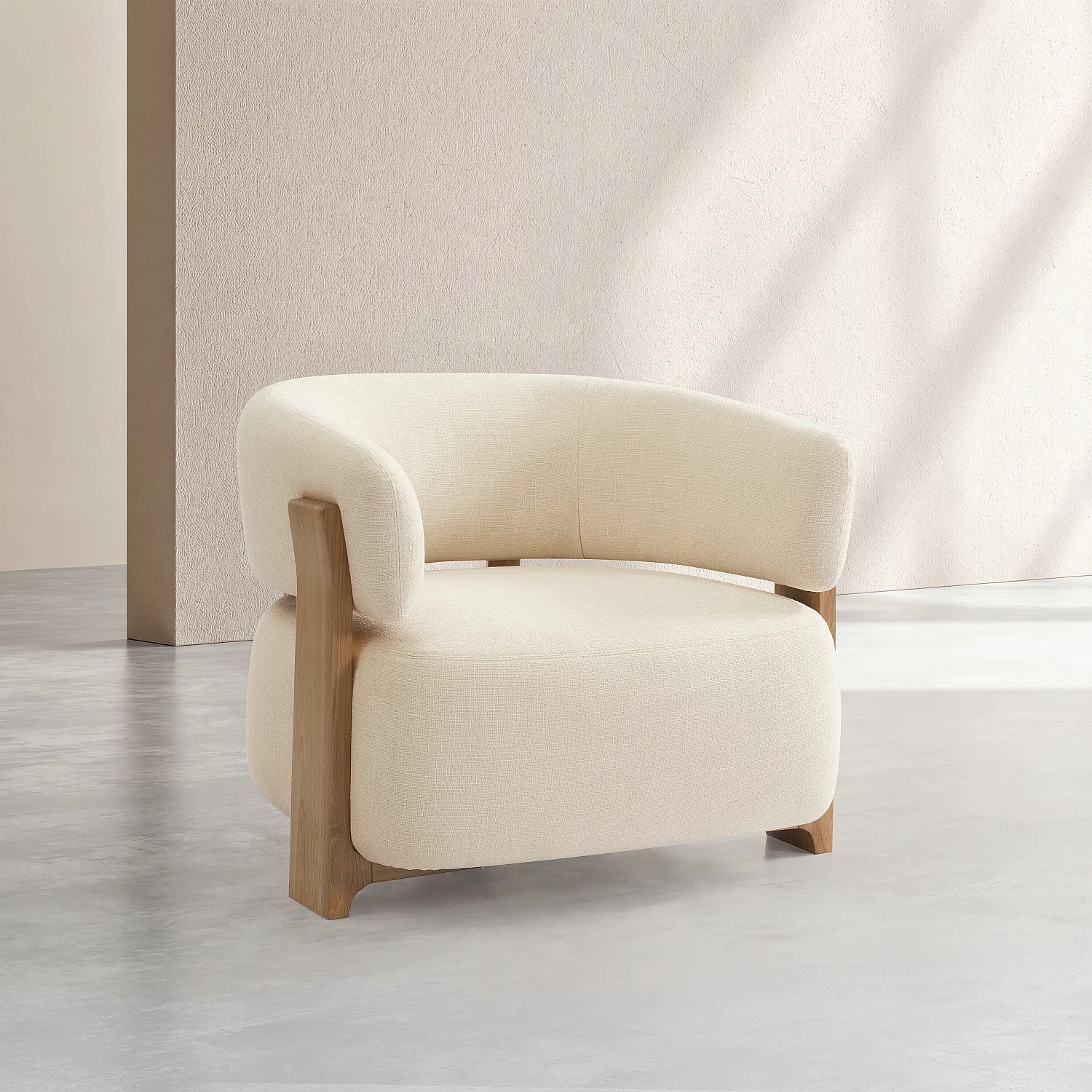 Sessel aus strukturiertem Stoff und Massivholz - Cremefarben und Eiche - 3