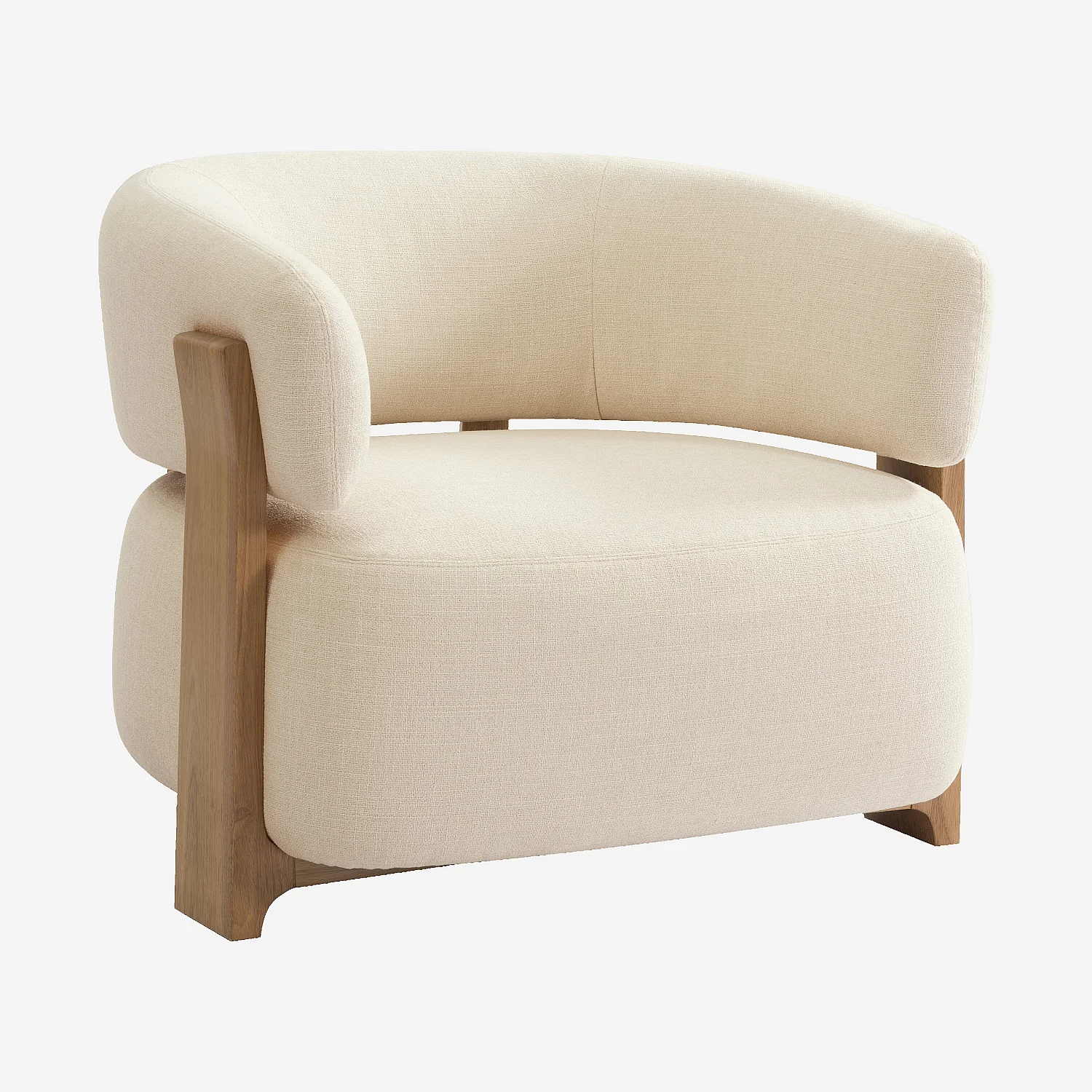Fauteuil en tissu texturé et bois massif - Crème et chêne - 3