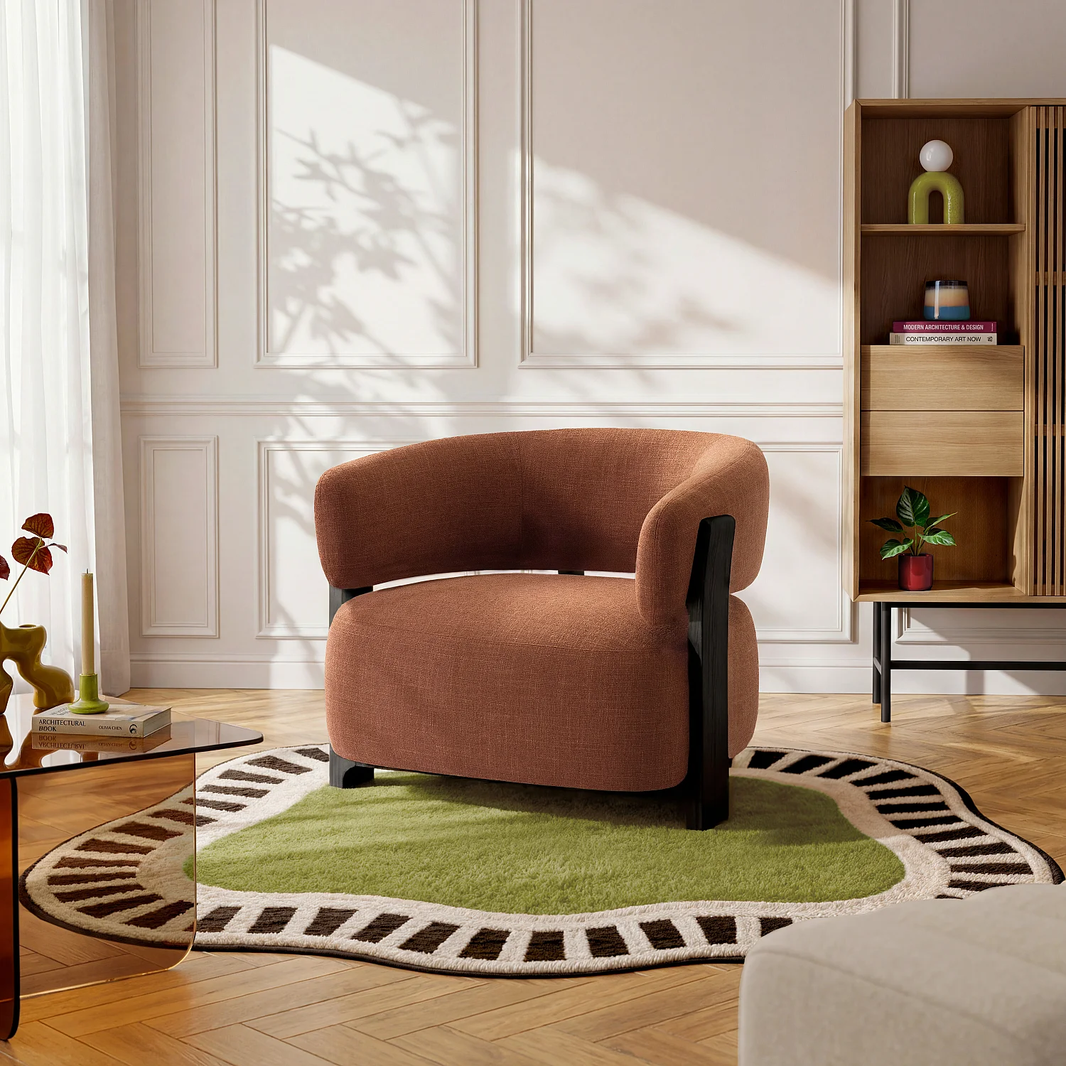 Fauteuil en tissu texturé et bois massif - Terracotta et noyer - 1