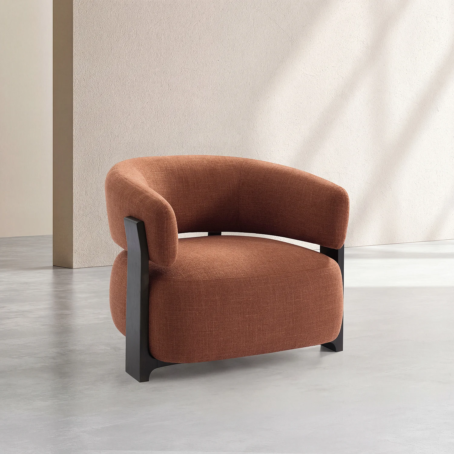 Sessel aus strukturiertem Stoff und Massivholz - Terrakotta und Nussbaum - 3