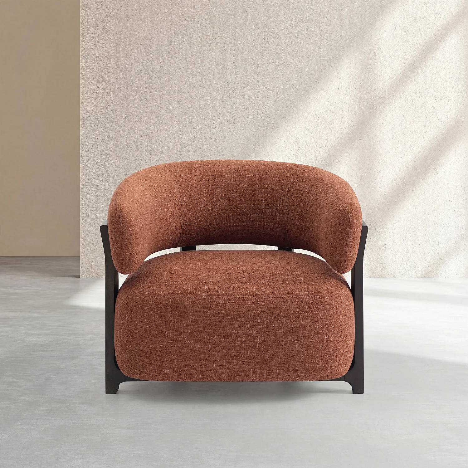 Sessel aus strukturiertem Stoff und Massivholz - Terrakotta und Nussbaum - 2