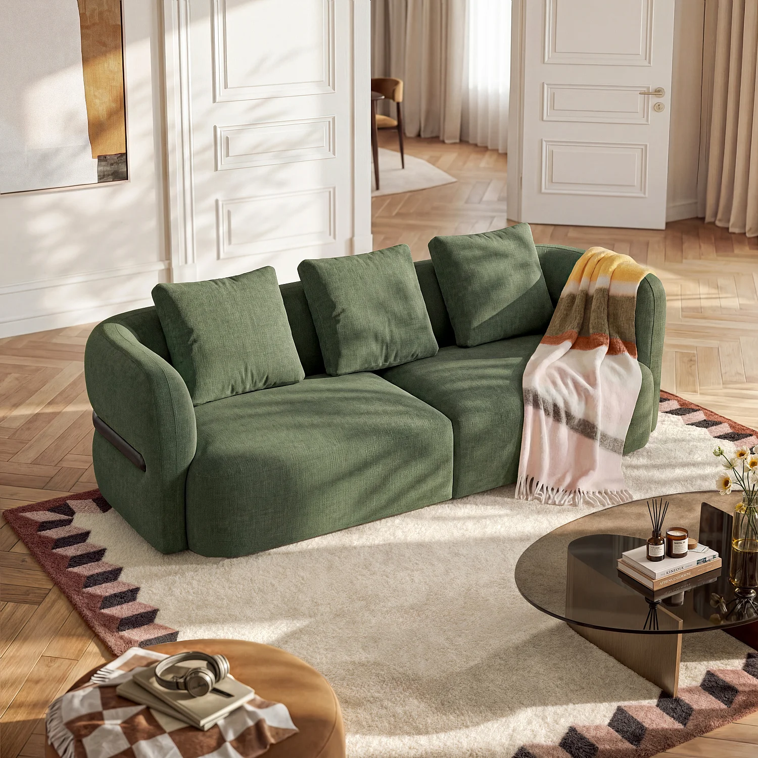 Canapé 3 places en tissu texturé - Vert kaki - 1