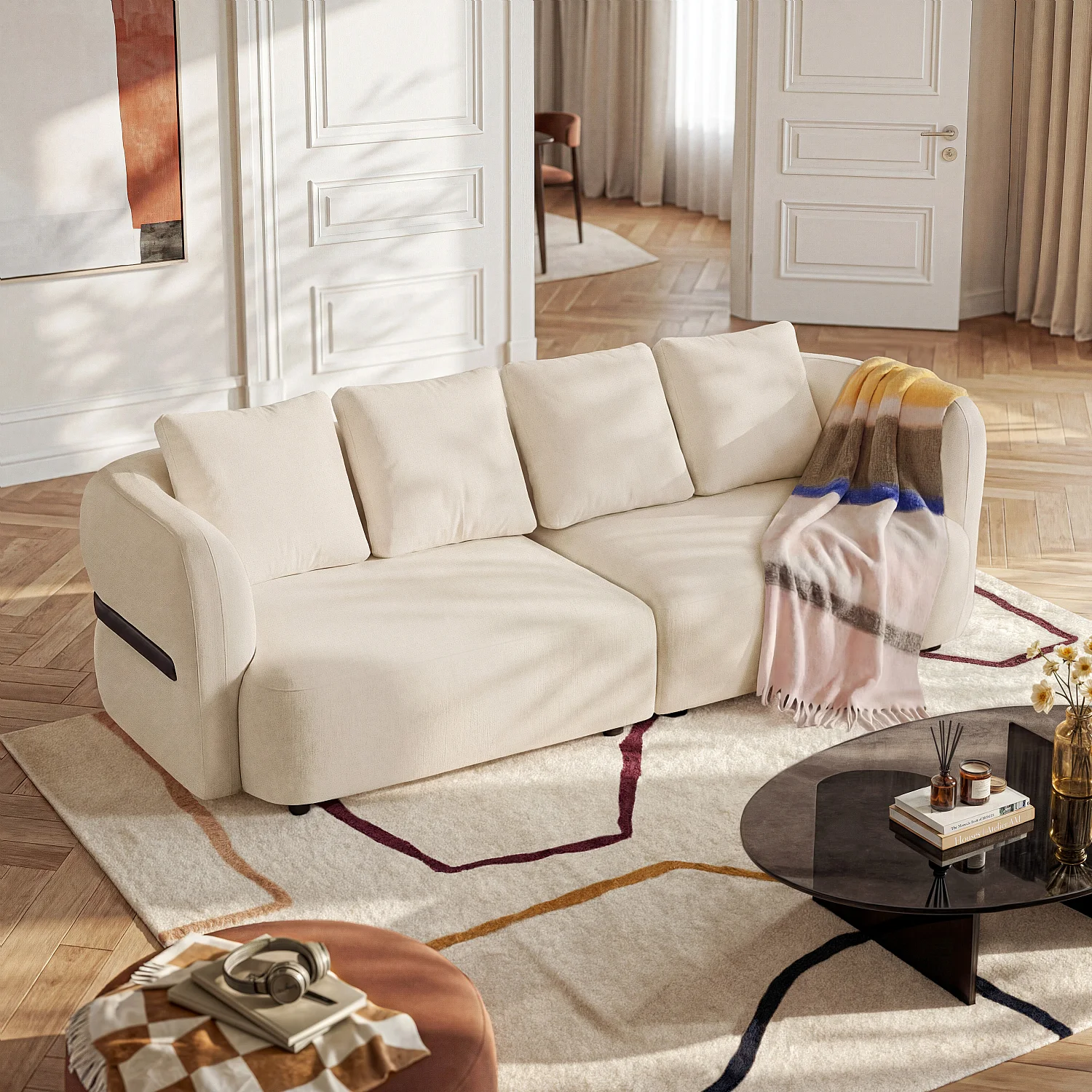 Canapé 4 places en tissu texturé - Crème - 1