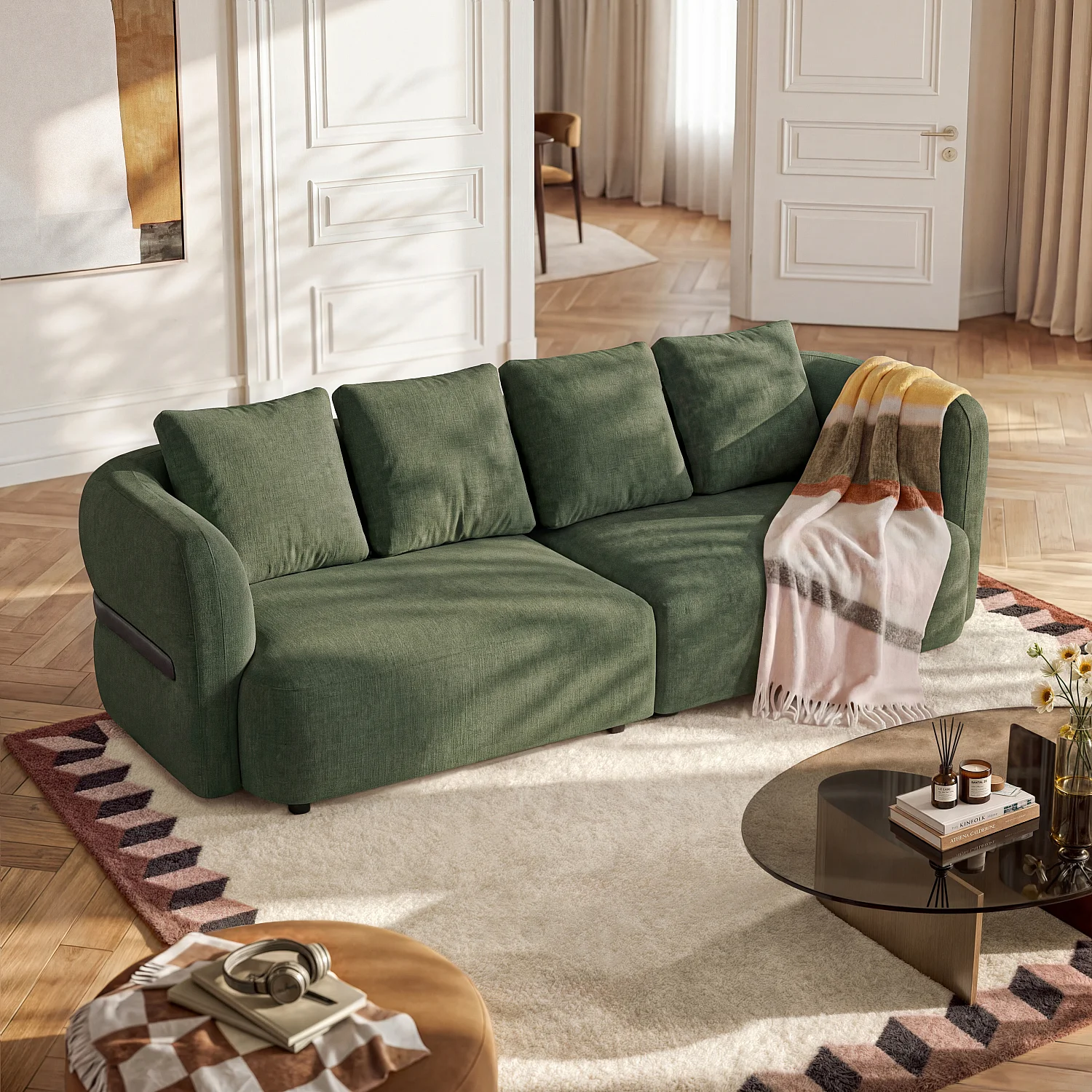 Canapé 4 places en tissu texturé - Vert kaki - 1