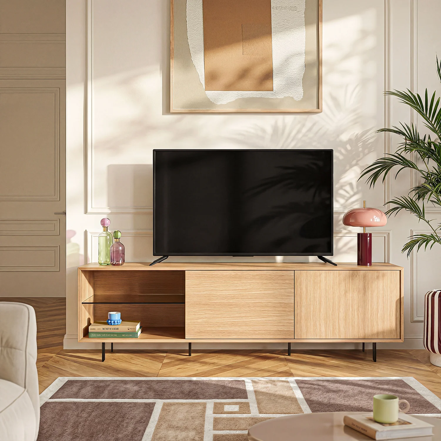 Meuble TV avec portes coulissantes en chêne et pieds en métal - Naturel - 1