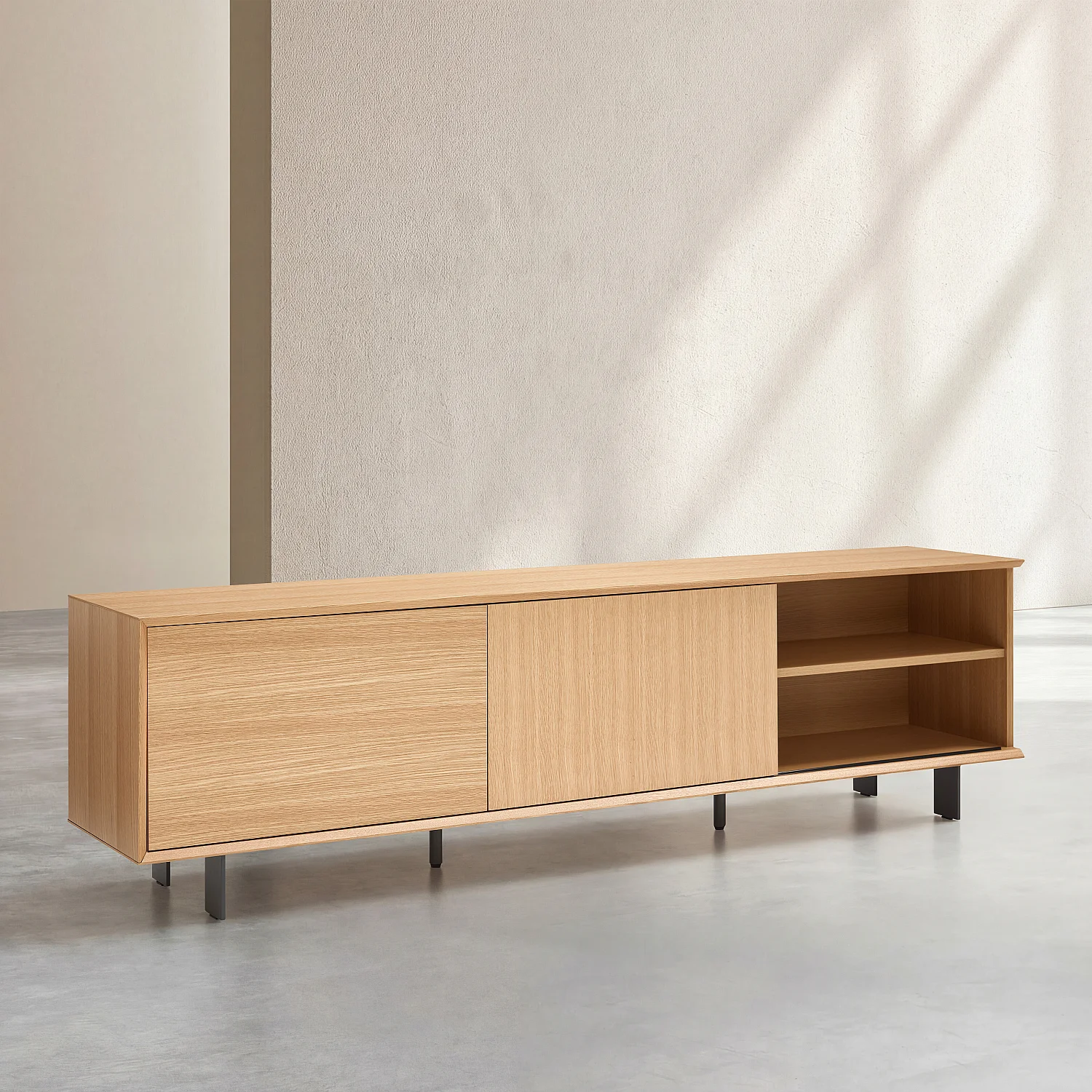 Meuble TV avec portes coulissantes en chêne et pieds en métal - Naturel - 6